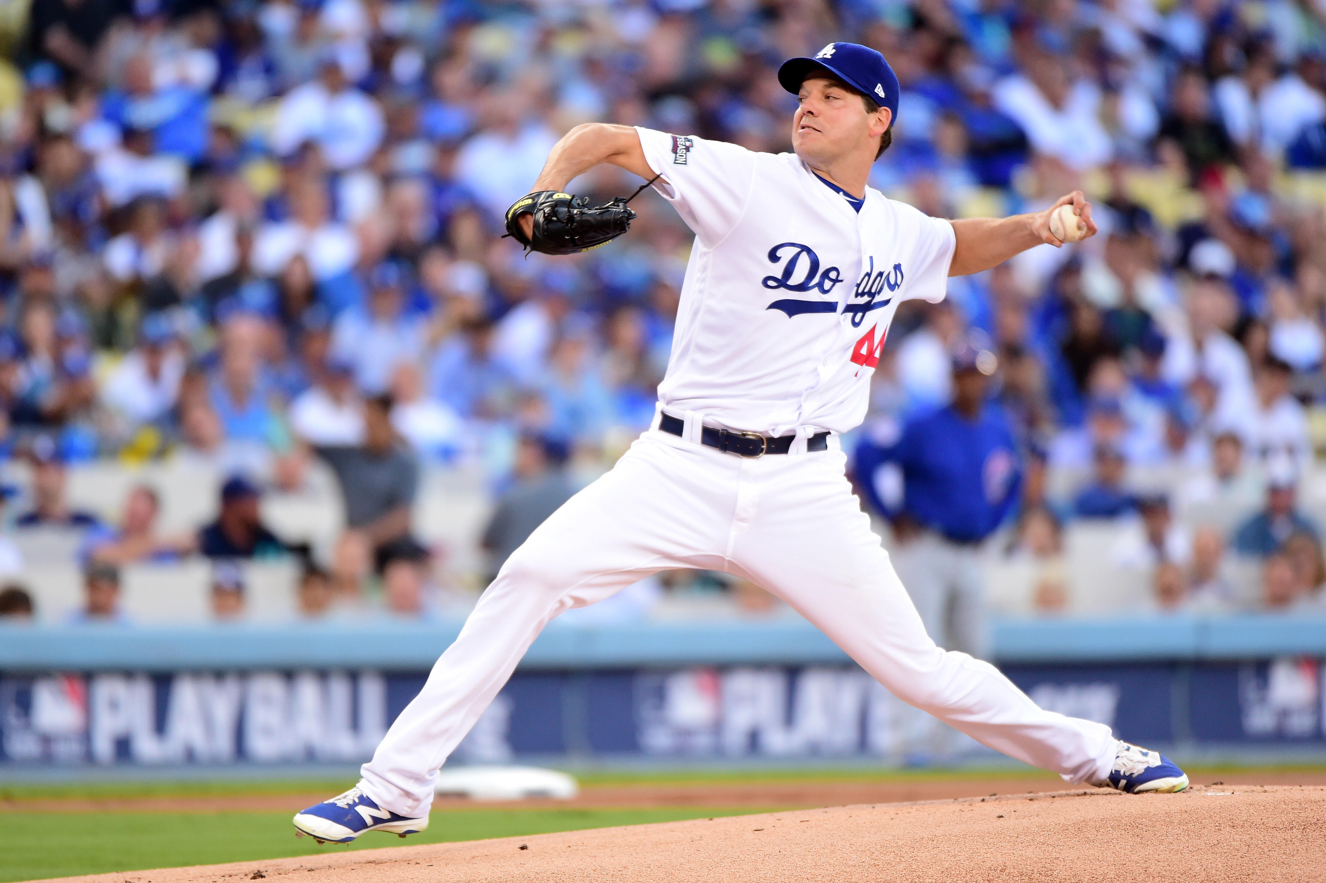 LOS ANGELES, CA - OCTOBER 18:  Rich Hill #44 of the Los Angeles Dodgers pitches in the first inning against the Chicago Cubs in game three of the National League Championship Series at Dodger Stadium on October 18, 2016 in Los Angeles, California.  (Photo