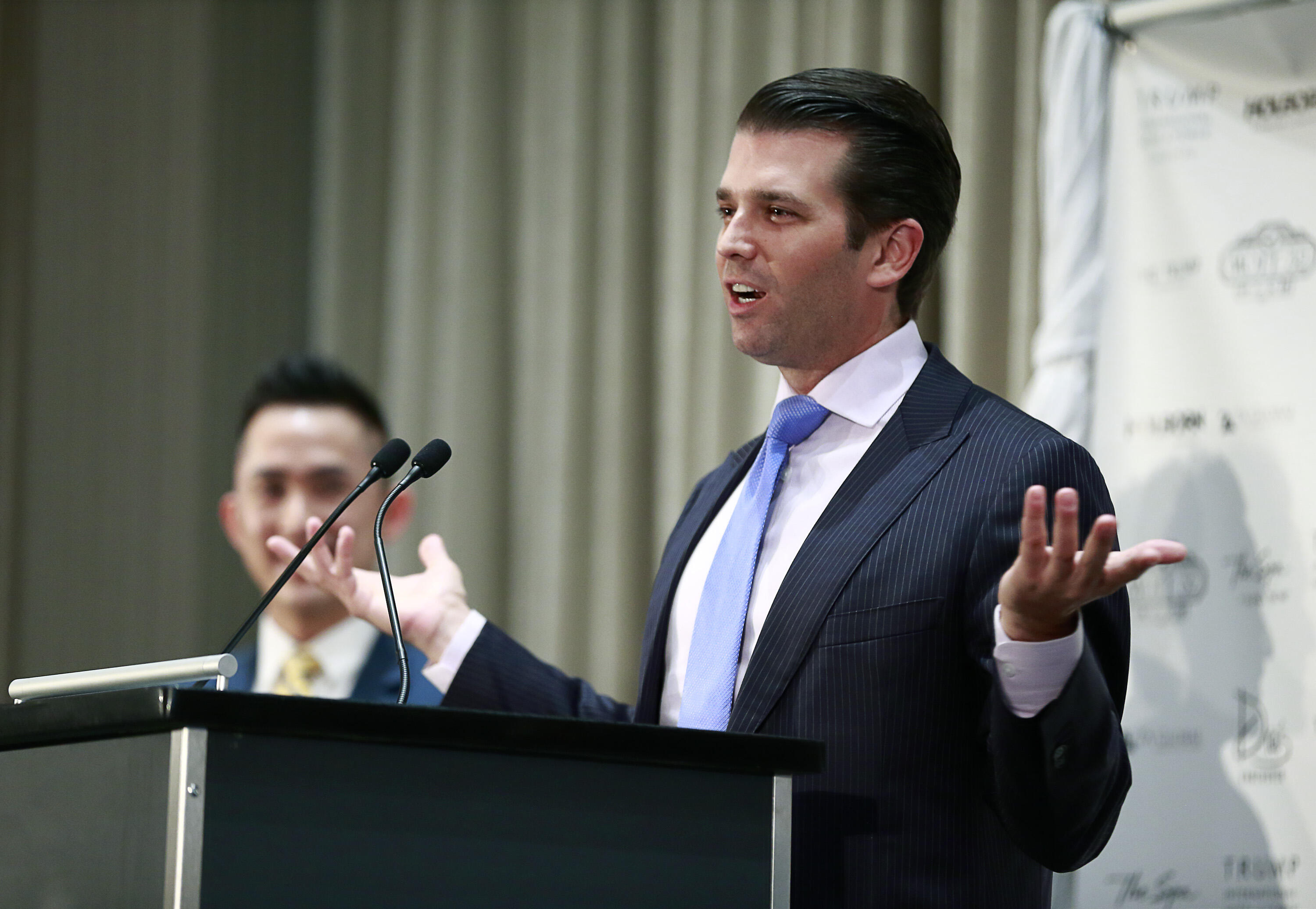 VANCOUVER, BRITISH COLUMBIA - FEBRUARY 28: Donald Trump Jr. delivers a speech during a ceremony for the official opening of the Trump International Tower & Hotel on February 28, 2017 in Vancouver, Canada. The tower is the Trump Organization's first new in