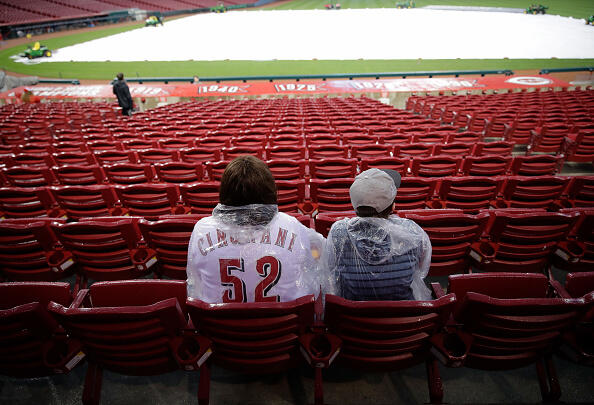 CINCINNATI, OH - APRIL 05:  Fans sit in the stands during a rain delay of game between the Philadelphia Phillies and the Cincinnati Reds at Great American Ball Park on April 5, 2017 in Cincinnati, Ohio.  (Photo by Andy Lyons/Getty Images)