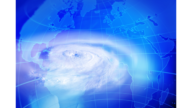 CGI of world map and hurricane clouds