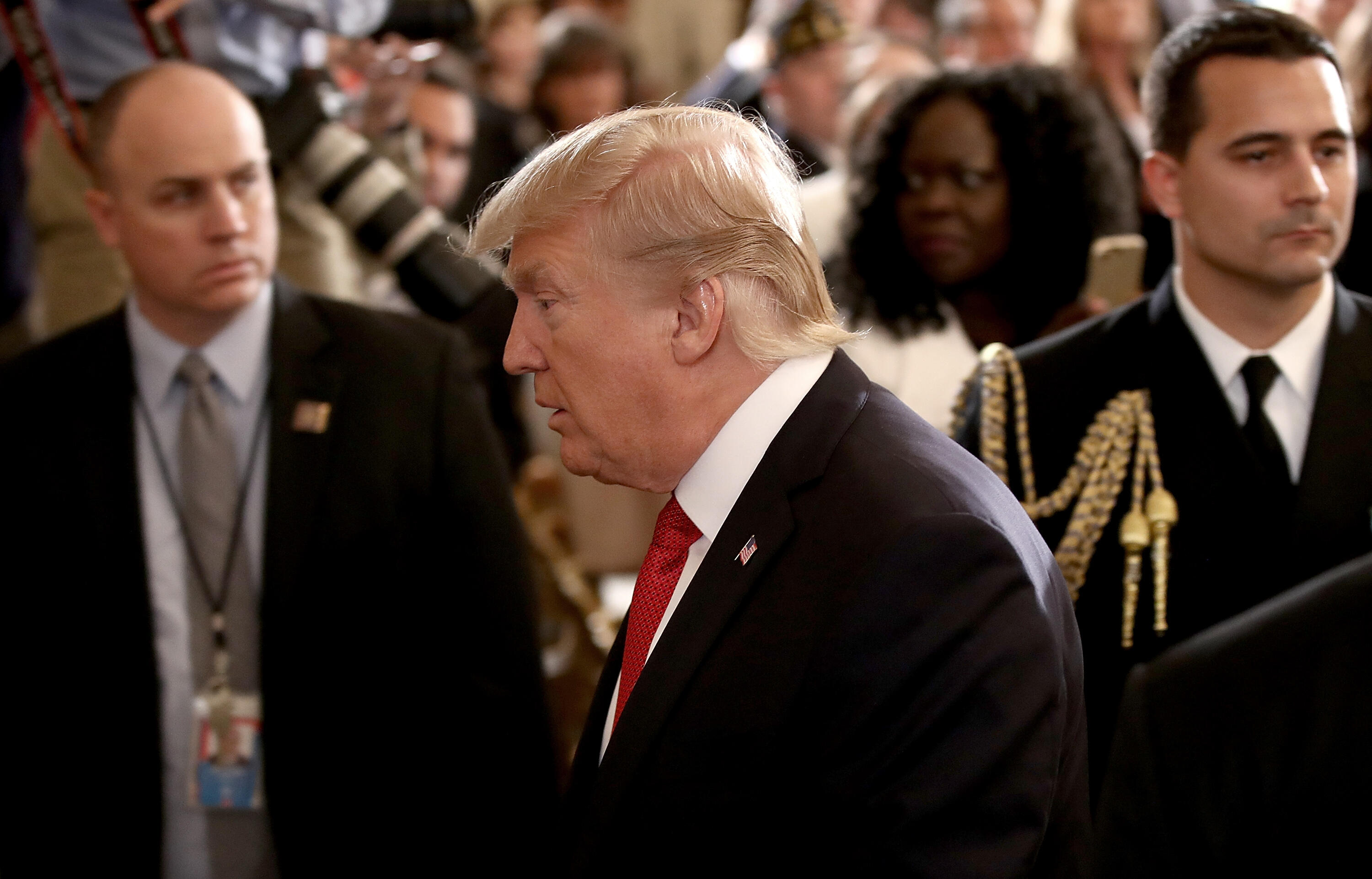 WASHINGTON, DC - APRIL 06:  U.S. President Donald Trump departs an event in the East Room of the White House recognizing the Wounded Warrior Project Soldier Ride April 6, 2017 in Washington, DC. Participants in the event have been welcomed at the White Ho