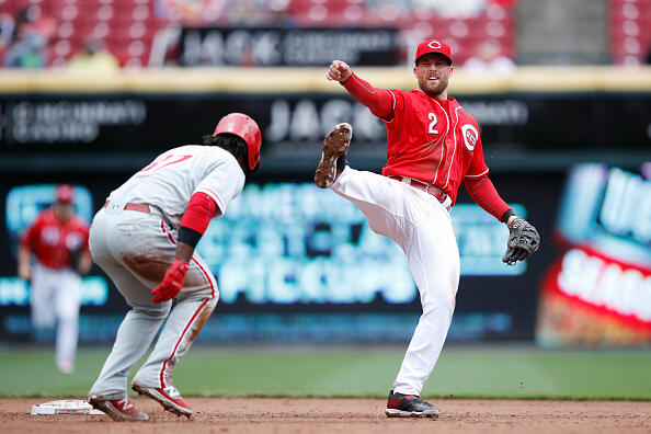 CINCINNATI, OH - APRIL 06: Zack Cozart #2 of the Cincinnati Reds reacts after turning a double play in the fifth inning of the game against the Philadelphia Phillies at Great American Ball Park on April 6, 2017 in Cincinnati, Ohio. The Reds defeated the Phillies 7-4. (Photo by Joe Robbins/Getty Images)