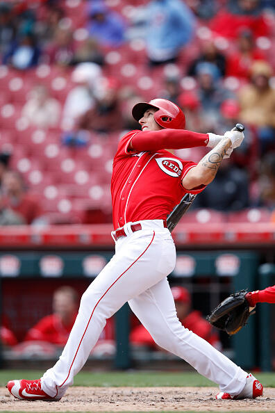 CINCINNATI, OH - APRIL 06: Michael Lorenzen #21 of the Cincinnati Reds hits a solo home run to break a tie in the sixth inning of the game against the Philadelphia Phillies at Great American Ball Park on April 6, 2017 in Cincinnati, Ohio. (Photo by Joe Robbins/Getty Images)