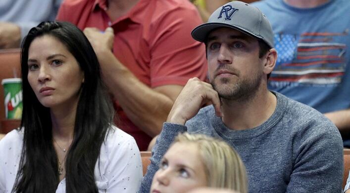 ANAHEIM, CA - MARCH 26:  Actress Olivia Munn and Aaron Rodgers of the Green Bay Packers watch the NCAA Men's Basketball Tournament West Regional Final at Honda Center on March 26, 2016 in Anaheim, California.  (Photo by Sean M. Haffey/Getty Images)