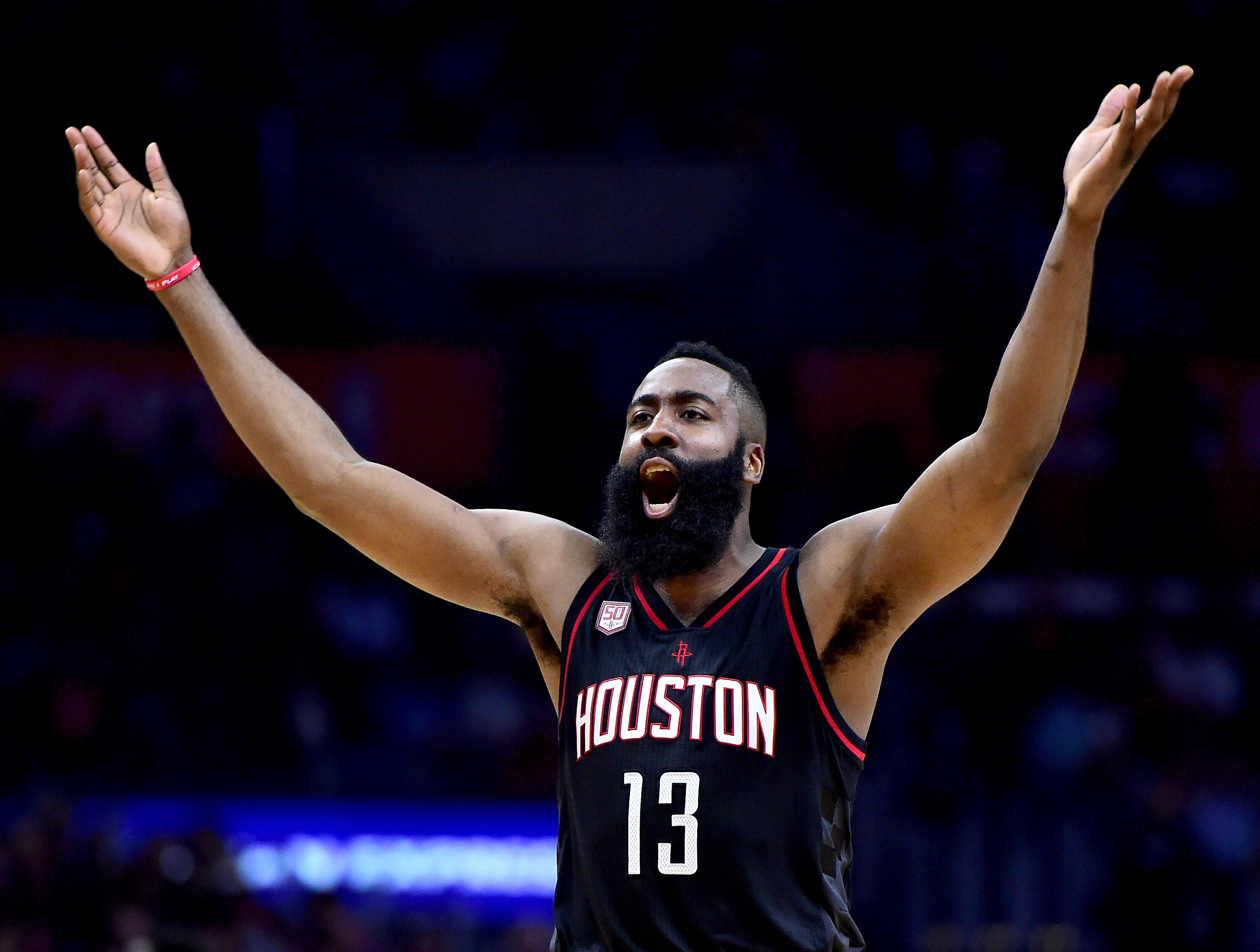 LOS ANGELES, CA - MARCH 01:  James Harden #13 of the Houston Rockets celebrates a three pointer during a 122-103 win over the LA Clippers at Staples Center on March 1, 2017 in Los Angeles, California.  NOTE TO USER: User expressly acknowledges and agrees 