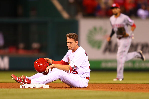 ST. LOUIS, MO - APRIL 7:  Stephen Piscotty #55 of the St. Louis Cardinals reacts after being caught stealing second base against the Cincinnati Reds in the fourth inning at Busch Stadium on April 7, 2017 in St. Louis, Missouri.  (Photo by Dilip Vishwanat/Getty Images)