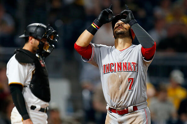 PITTSBURGH, PA - APRIL 10:  Eugenio Suarez #7 of the Cincinnati Reds reacts after hitting a home run in the fifth inning against the Pittsburgh Pirates at PNC Park on April 10, 2017 in Pittsburgh, Pennsylvania.  (Photo by Justin K. Aller/Getty Images)