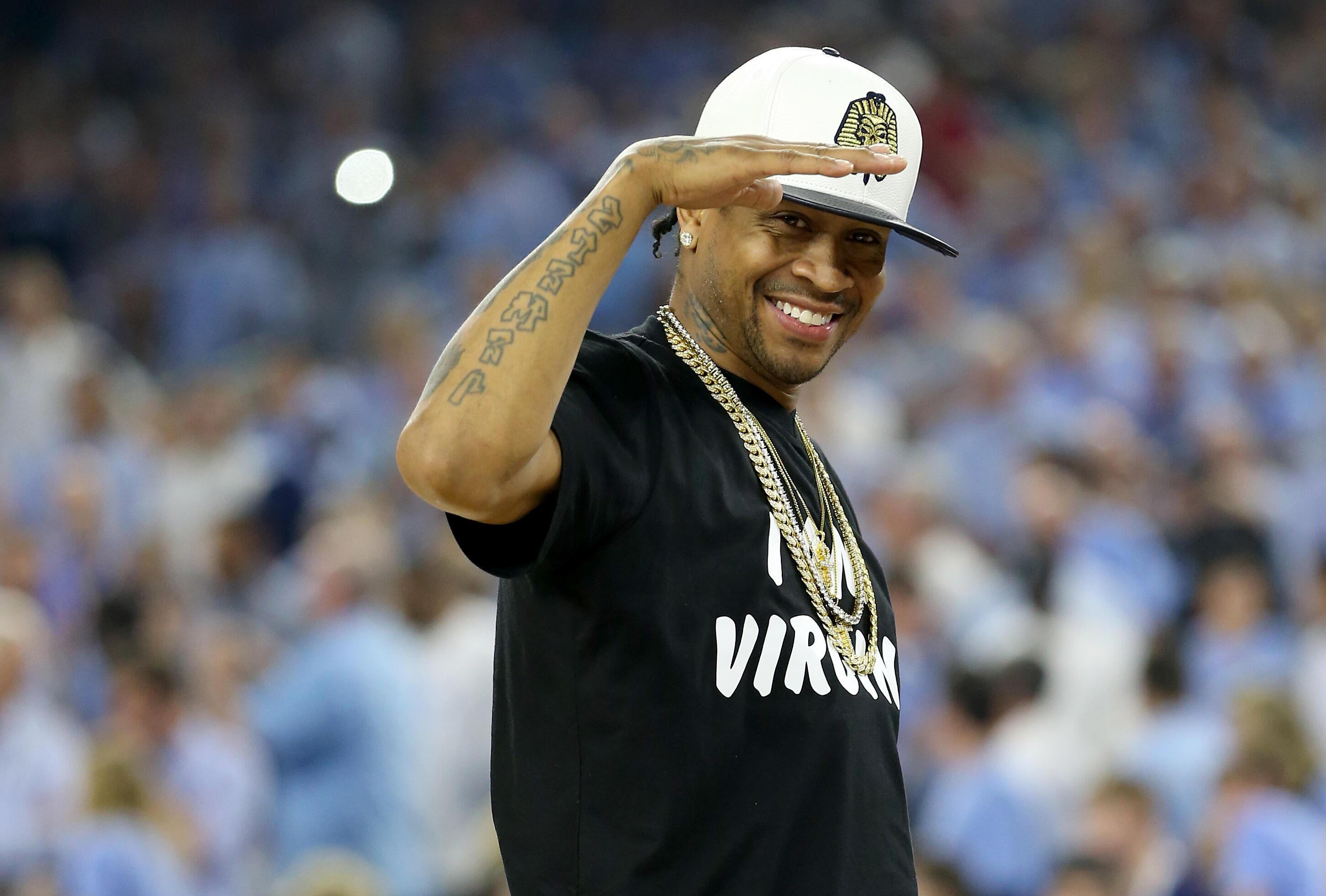 HOUSTON, TEXAS - APRIL 04:  Allen Iverson poses on the court as the Naismith Memorial Basketball Hall Of Fame 2016 Class is announced during a break in the 2016 NCAA Men's Final Four National Championship game between the Villanova Wildcats and the North 