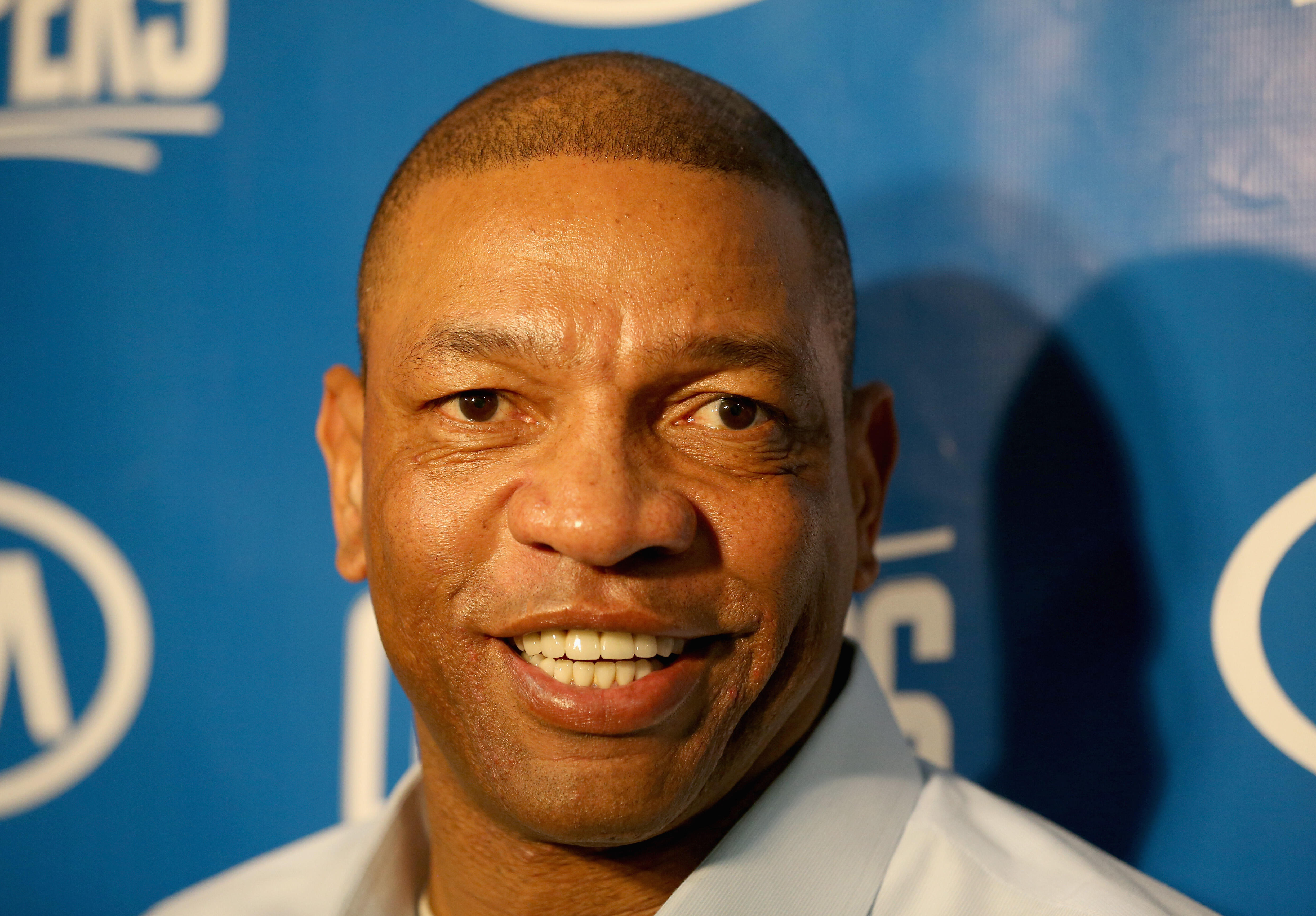 INDIANAPOLIS, IN - JANUARY 26:  Doc Rivers the head coach of the Los Angeles Clippers talks to the media before the game against the Indiana Pacers at Bankers Life Fieldhouse on January 26, 2016 in Indianapolis, Indiana.   Rivers addressed the injury to B