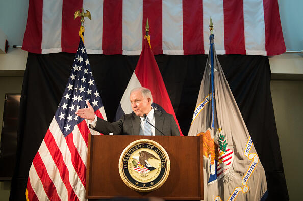 ST. LOUIS, MO - MARCH 31:  US Attorney General Jeff Sessions addresses law enforcement members at the Thomas Eagleton U.S. Courthouse on March 31, 2017 in St. Louis, Missouri. Attorney General Session is in town to work with federal, state and local law enforcement about efforts to combat violent crime and restore public safety. (Photo by Michael B. Thomas/Getty Images)