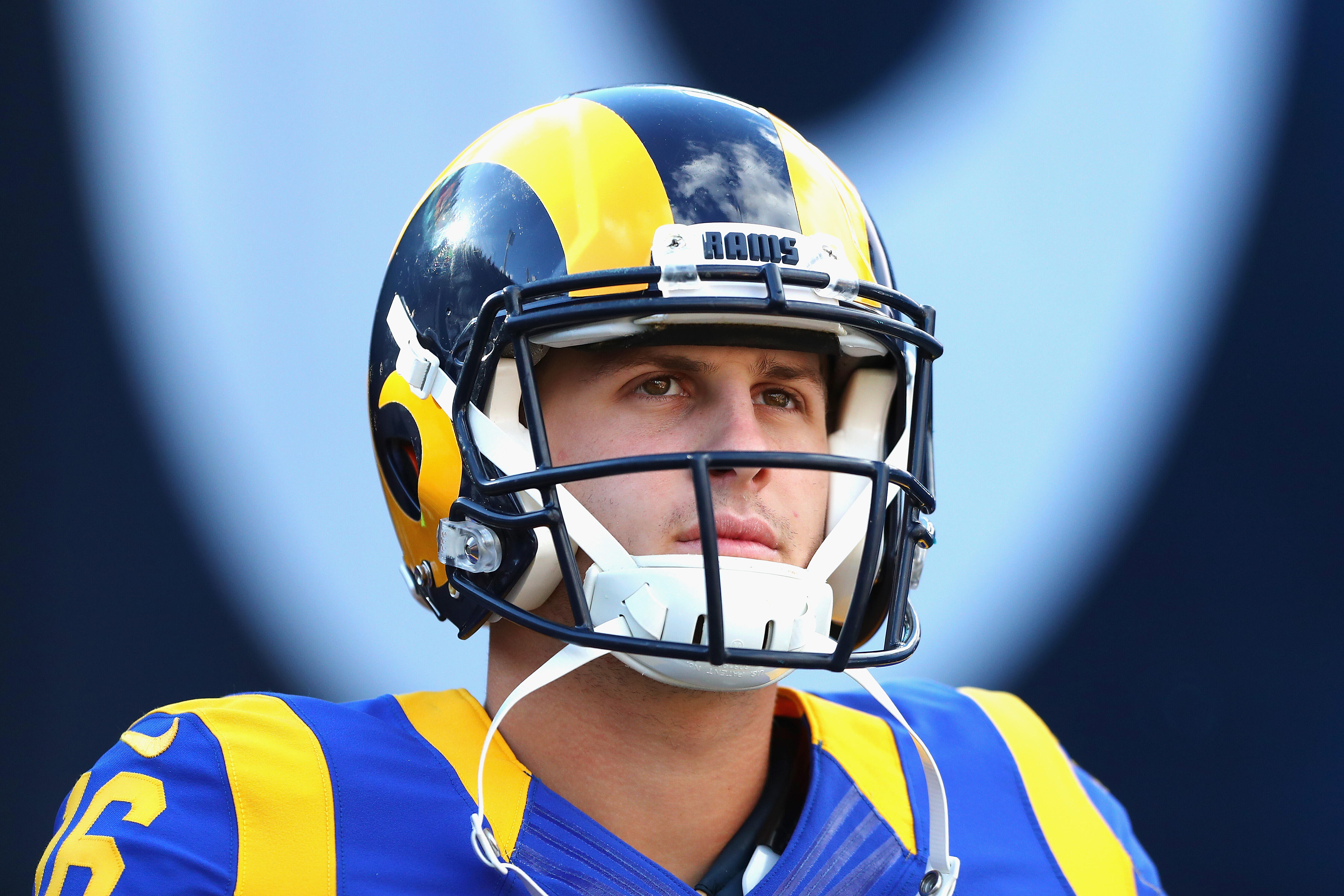 LOS ANGELES, CA - DECEMBER 24:  Jared Goff #16 of the Los Angeles Rams looks on before the game against the San Francisco 49ers at Los Angeles Memorial Coliseum on December 24, 2016 in Los Angeles, California.  (Photo by Tim Bradbury/Getty Images)