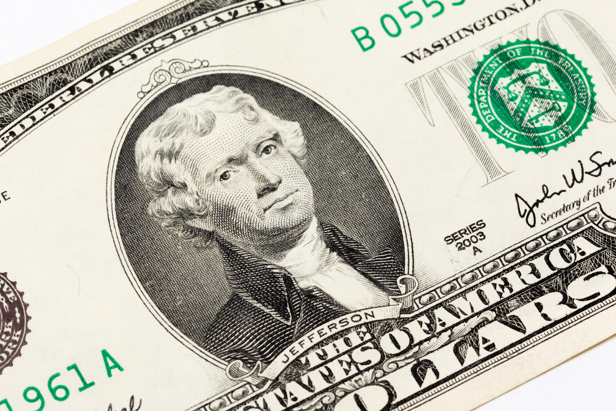Jefferson portrait on two dollar bill