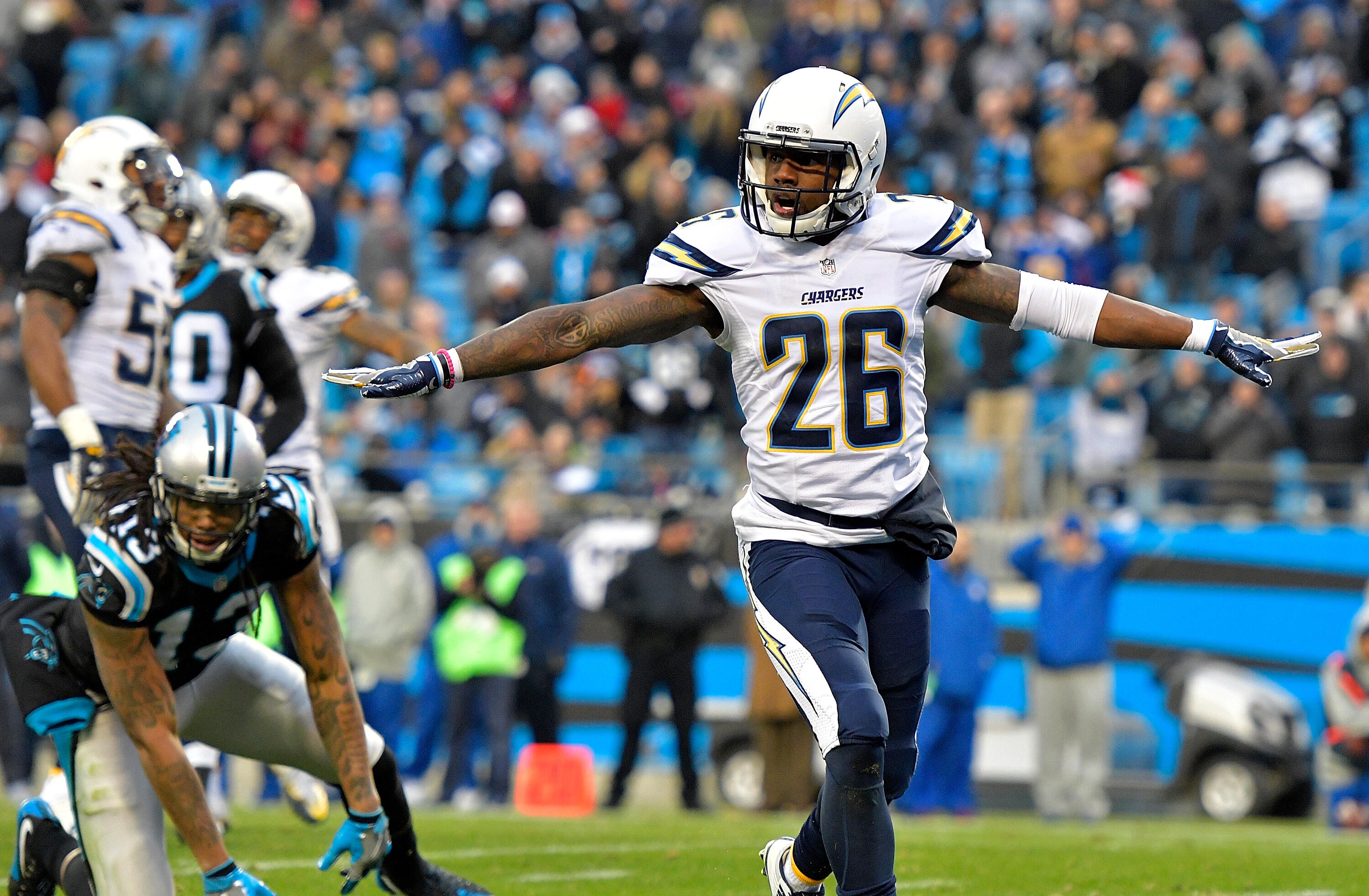 CHARLOTTE, NC - DECEMBER 11:  Casey Hayward #26 of the San Diego Chargers reacts after breaking up a pass to Kelvin Benjamin #13 of the Carolina Panthers in the 4th quarter during the game at Bank of America Stadium on December 11, 2016 in Charlotte, Nort