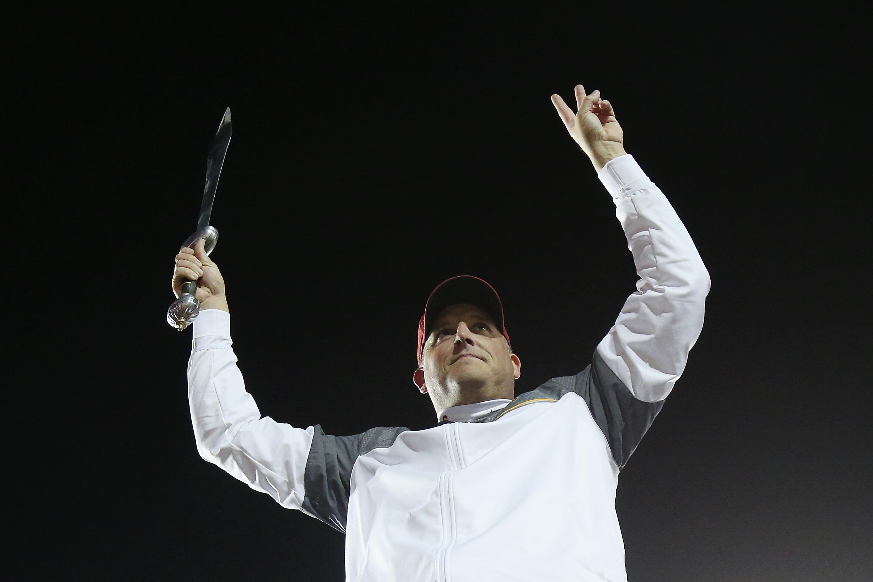 PASADENA, CA - JANUARY 02:  USC Trojans head coach Clay Helton celebrates after defeating the Penn State Nittany Lions 52-49 to win the 2017 Rose Bowl Game presented by Northwestern Mutual at the Rose Bowl on January 2, 2017 in Pasadena, California.  (Pho