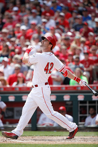 CINCINNATI, OH - APRIL 15: Jesse Winker #33 of the Cincinnati Reds hits a two-run double to left field to break a tie game in the sixth inning against the Milwaukee Brewers at Great American Ball Park on April 15, 2017 in Cincinnati, Ohio. The Reds defeated the Brewers 7-5. All players are wearing #42 in honor of Jackie Robinson Day. (Photo by Joe Robbins/Getty Images)