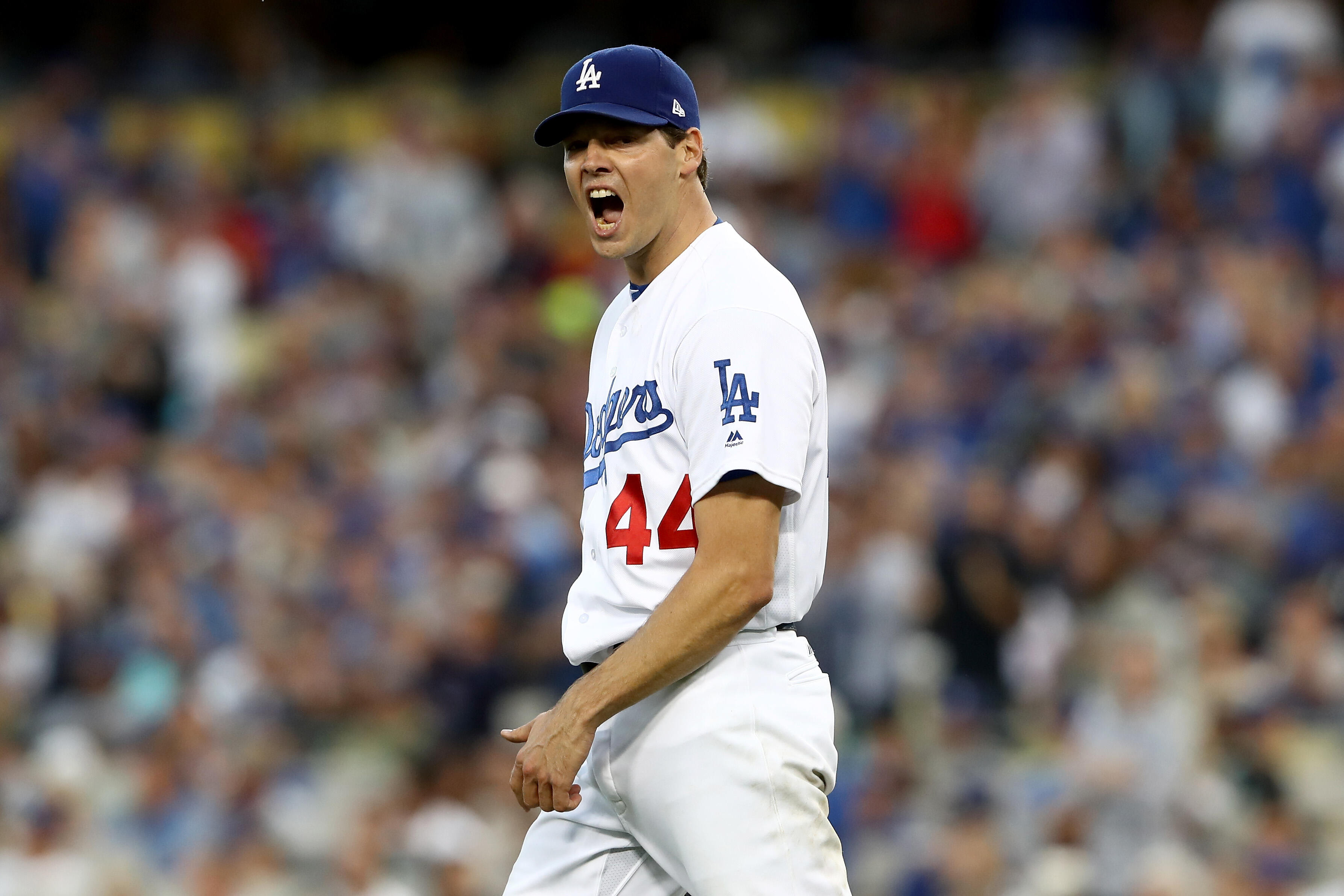 LOS ANGELES, CA - OCTOBER 18:  Rich Hill #44 of the Los Angeles Dodgers reacts while taking on the Chicago Cubs in game three of the National League Championship Series at Dodger Stadium on October 18, 2016 in Los Angeles, California.  (Photo by Sean M. H