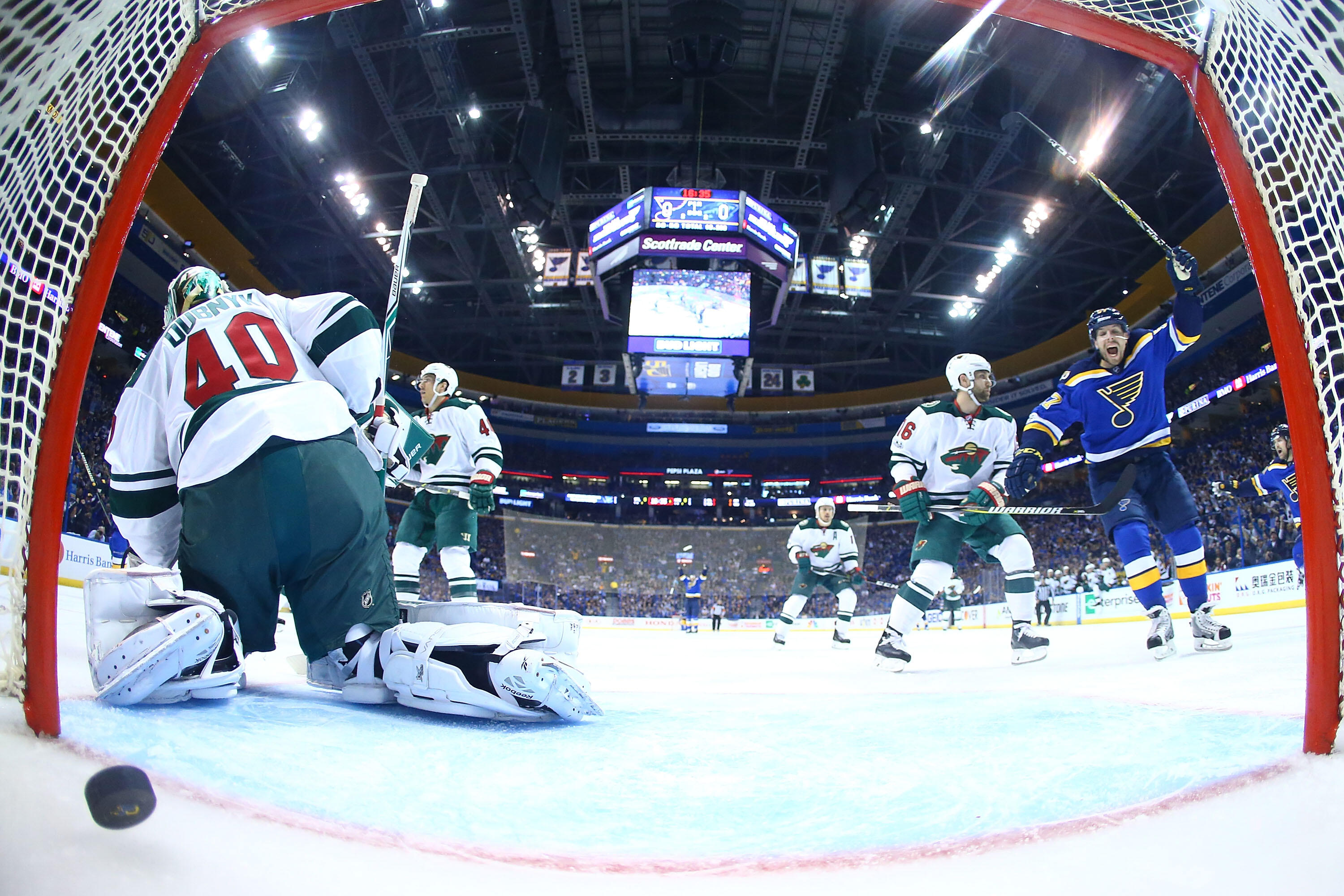 ST. LOUIS, MO - APRIL 16:  David Perron #57 of the St. Louis Blues celebrates after the Blues scored a goal against the Minnesota Wild in Game Three of the Western Conference First Round during the 2017 NHL Stanley Cup Playoffs at the Scottrade Center on 