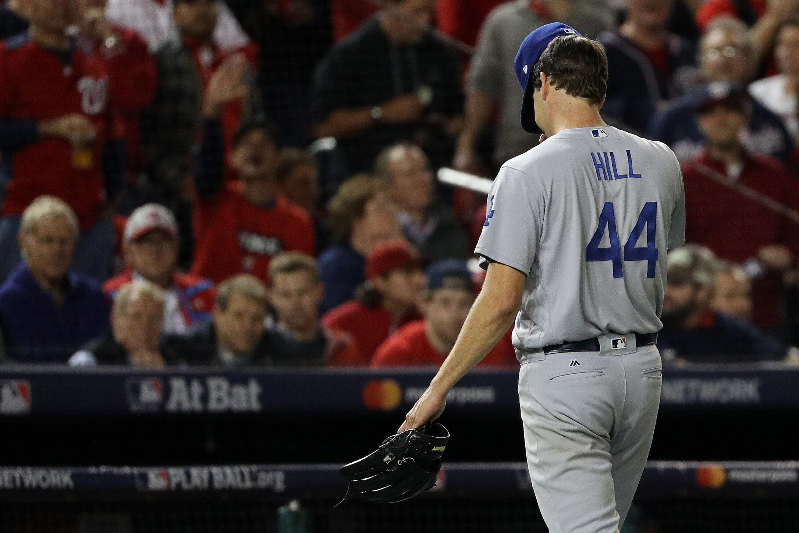 WASHINGTON, DC - OCTOBER 13: Rich Hill #44 of the Los Angeles Dodgers is relieved in the third inning against the Washington Nationals during game five of the National League Division Series at Nationals Park on October 13, 2016 in Washington, DC. (Photo 