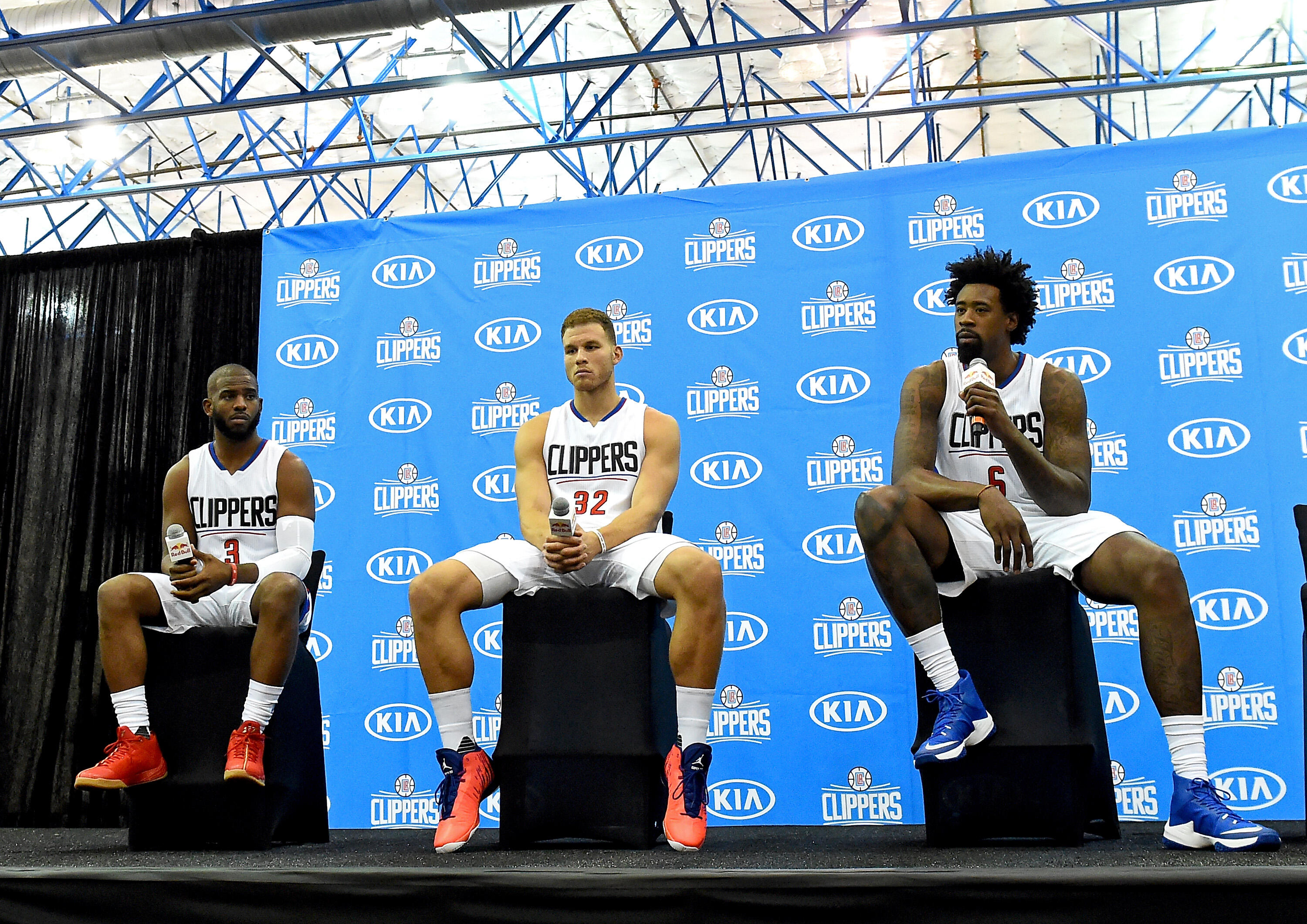 PLAYA VISTA, CA - SEPTEMBER 26:  Chris Paul #3 of the Los Angeles Clippers, Blake Griffin #32 and DeAndre Jordan #6 attend media day at the Los Angeles Clippers Training Center on September 26, 2016 in Playa Vista, California. NOTE TO USER: User expressly