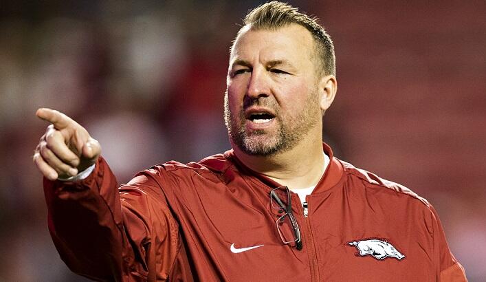 FAYETTEVILLE, AR - NOVEMBER 12:  Head Coach Bret Bielema of the Arkansas Razorbacks on the sidelines in the first half of a game against the LSU Tigers at Razorback Stadium on November 12, 2016 in Fayetteville, Arkansas.  (Photo by Wesley Hitt/Getty Image