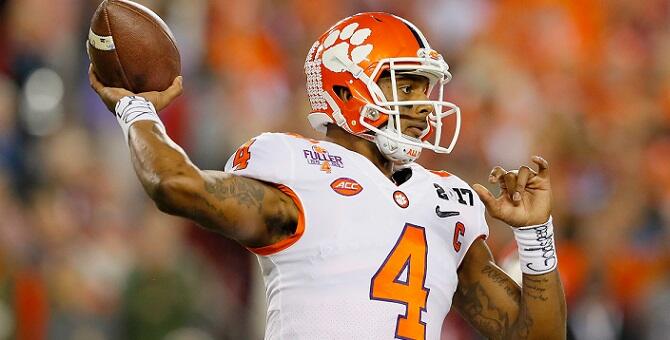 TAMPA, FL - JANUARY 09:  Quarterback Deshaun Watson #4 of the Clemson Tigers throws a pass during the first half against the Alabama Crimson Tide in the 2017 College Football Playoff National Championship Game at Raymond James Stadium on January 9, 2017 i