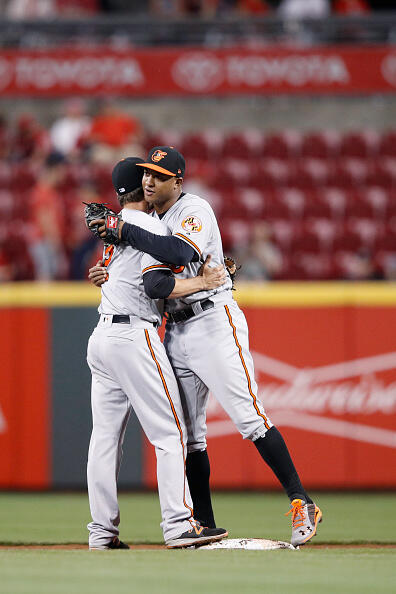 CINCINNATI, OH - APRIL 19: Jonathan Schoop #6 and J.J. Hardy #2 of the Baltimore Orioles celebrate following the final out in the ninth inning of the game against the Cincinnati Reds at Great American Ball Park on April 19, 2017 in Cincinnati, Ohio. The Orioles defeated the Reds 2-0. (Photo by Joe Robbins/Getty Images)