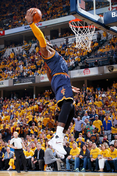 INDIANAPOLIS, IN - APRIL 20: LeBron James #23 of the Cleveland Cavaliers goes in for a dunk in the fourth quarter of Game Five of the Eastern Conference First Round during the 2017 NHL Stanley Cup Playoffs against the Indiana Pacers at Bankers Life Fieldhouse on April 20, 2017 in Indianapolis, Indiana. The Cavaliers defeated the Pacers 119-114 to take a 3-0 lead in the series. NOTE TO USER: User expressly acknowledges and agrees that, by downloading and or using the photograph, User is consenting to the terms and conditions of the Getty Images License Agreement. (Photo by Joe Robbins/Getty Images)