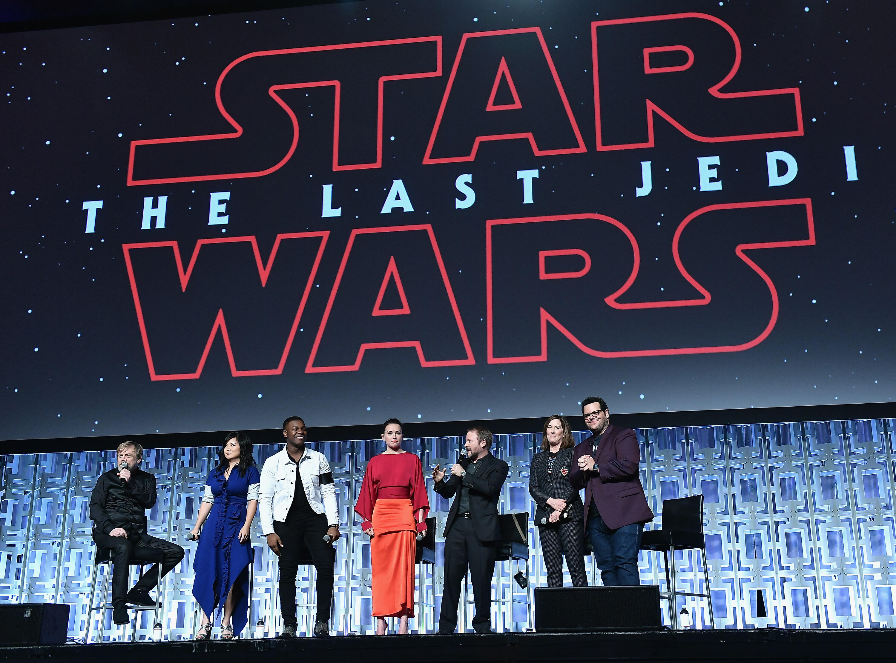 ORLANDO, FL - APRIL 14:  Mark Hamill, Kelly Marie Tran ,John Boyega, Daisy Ridley, Rian Johnson, Kathleen Kennedy and Josh Gad  attends the Star Wars Celebration day 02  on April 14, 2017 in Orlando, Florida.  (Photo by Gustavo Caballero/Getty Images)