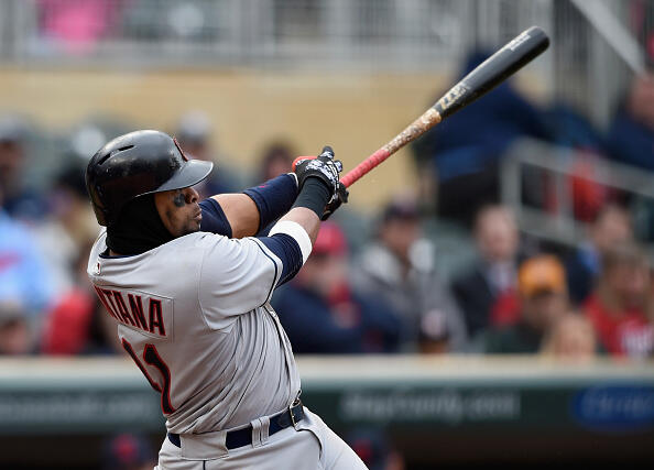 MINNEAPOLIS, MN - APRIL 20: Carlos Santana #41 of the Cleveland Indians hits an RBI double against the Minnesota Twins during the seventh inning of the game on April 20, 2017 at Target Field in Minneapolis, Minnesota. The Indians defeated the Twins 6-2. (Photo by Hannah Foslien/Getty Images)