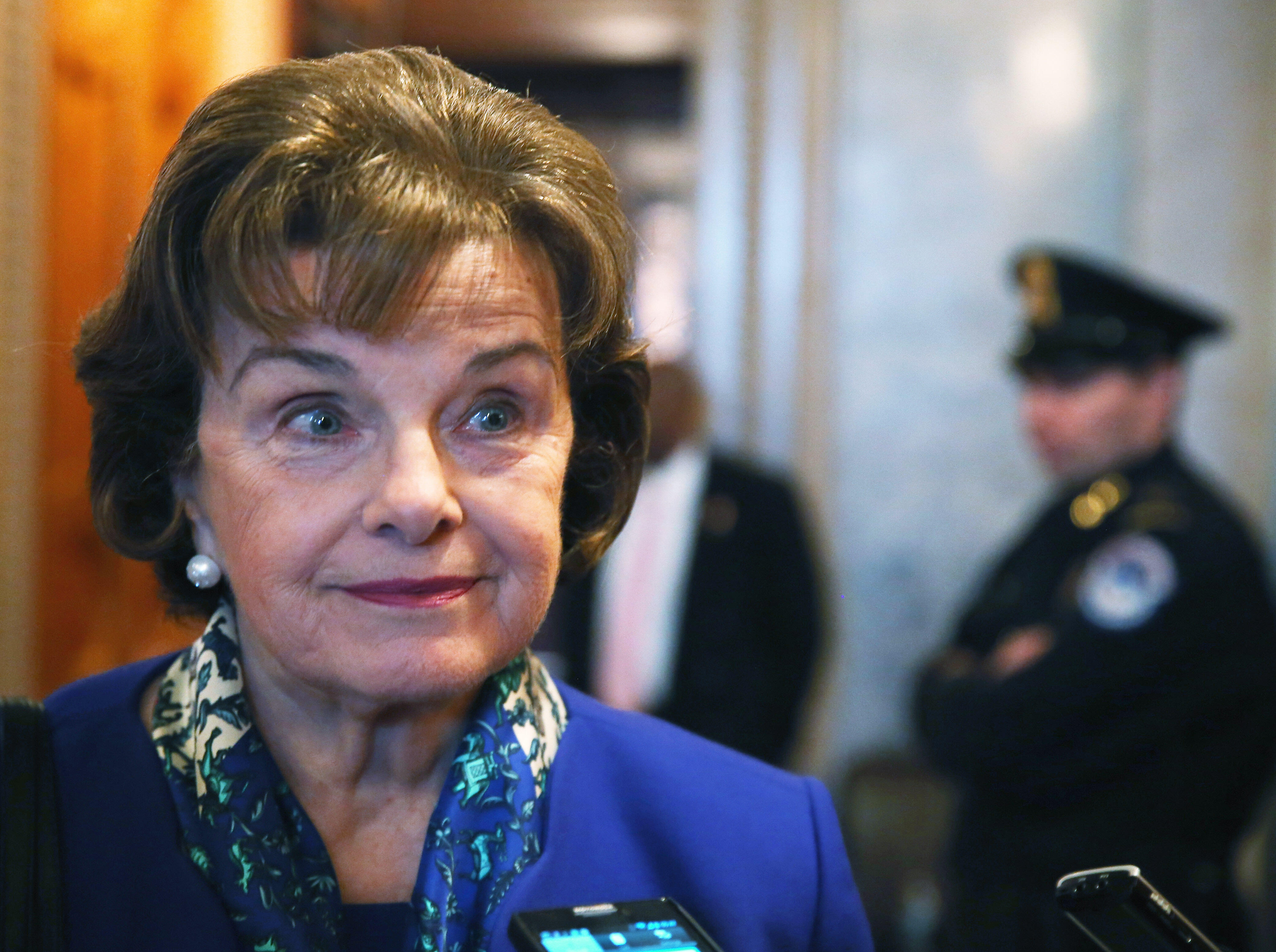 WASHINGTON, DC - MARCH 11:  U.S. Sen. Dianne Feinstein (D-CA) speaks to reporters after finishing a speech on the Senate floor, on March 11, 2014 in Washington, DC. Feinstein who is Chairman of the Senate Intelligence Committee has accused the CIA of secr