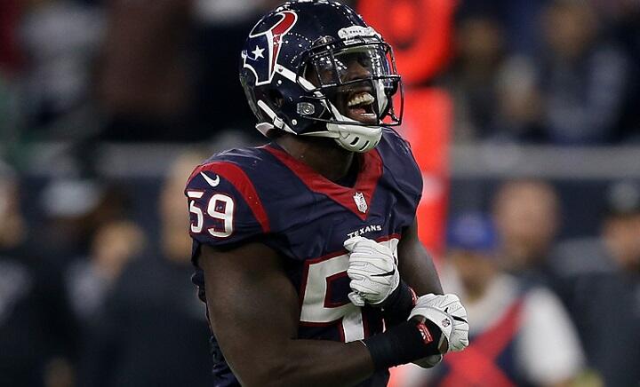 HOUSTON, TX - JANUARY 07:  Whitney Mercilus #59 of the Houston Texans celebrates a sack against the Oakland Raiders in their AFC Wild Card game at NRG Stadium on January 7, 2017 in Houston, Texas.  (Photo by Bob Levey/Getty Images)