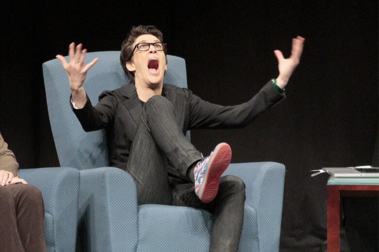 MUNCIE, IN - DECEMBER 02: Rachel Maddow discusses the headlines of the day in Emens Auditorium at Ball State University, Letterman's alma mater, on December 2, 2011 in Muncie, Indiana.  (Photo by Ron Hoskins/Getty Images)