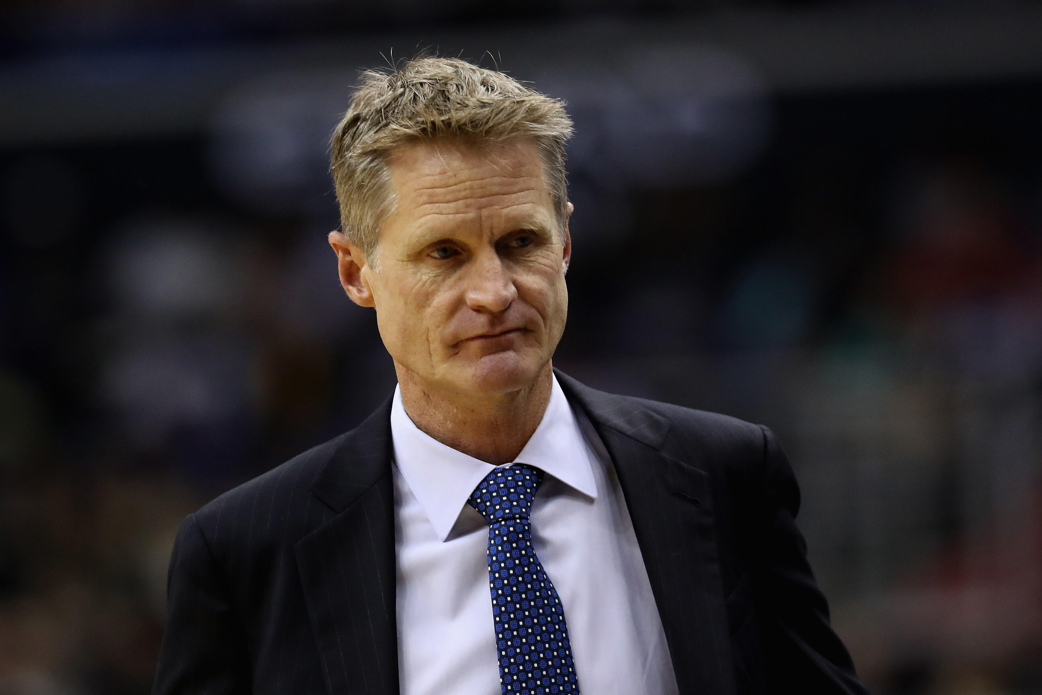 WASHINGTON, DC - FEBRUARY 28: Head coach Steve Kerr of the Golden State Warriors looks on in the first half against the Washington Wizards at Verizon Center on February 28, 2017 in Washington, DC. NOTE TO USER: User expressly acknowledges and agrees that,