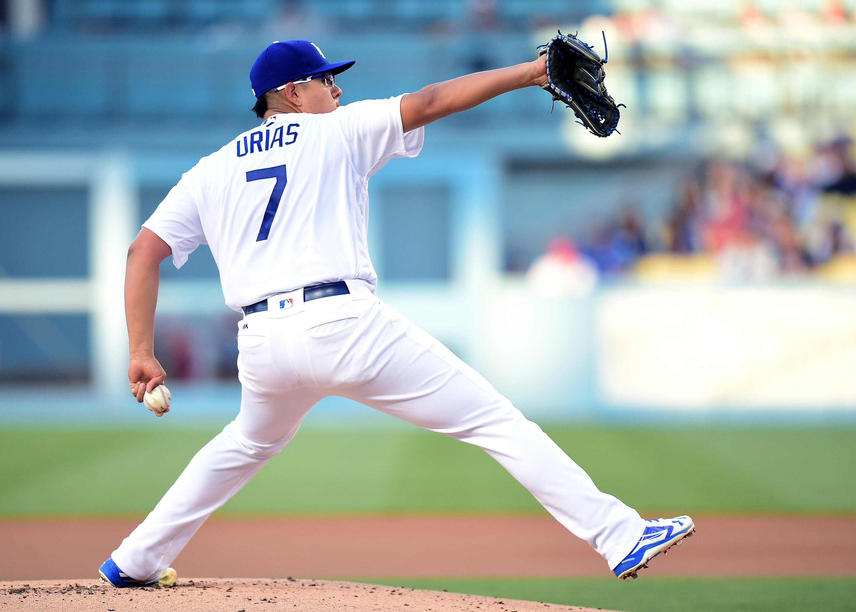LOS ANGELES, CA - JUNE 22:  Julio Urias #7 of the Los Angeles Dodgers pitches to the Washington Nationals during the first inning at Dodger Stadium on June 22, 2016 in Los Angeles, California.  (Photo by Harry How/Getty Images)