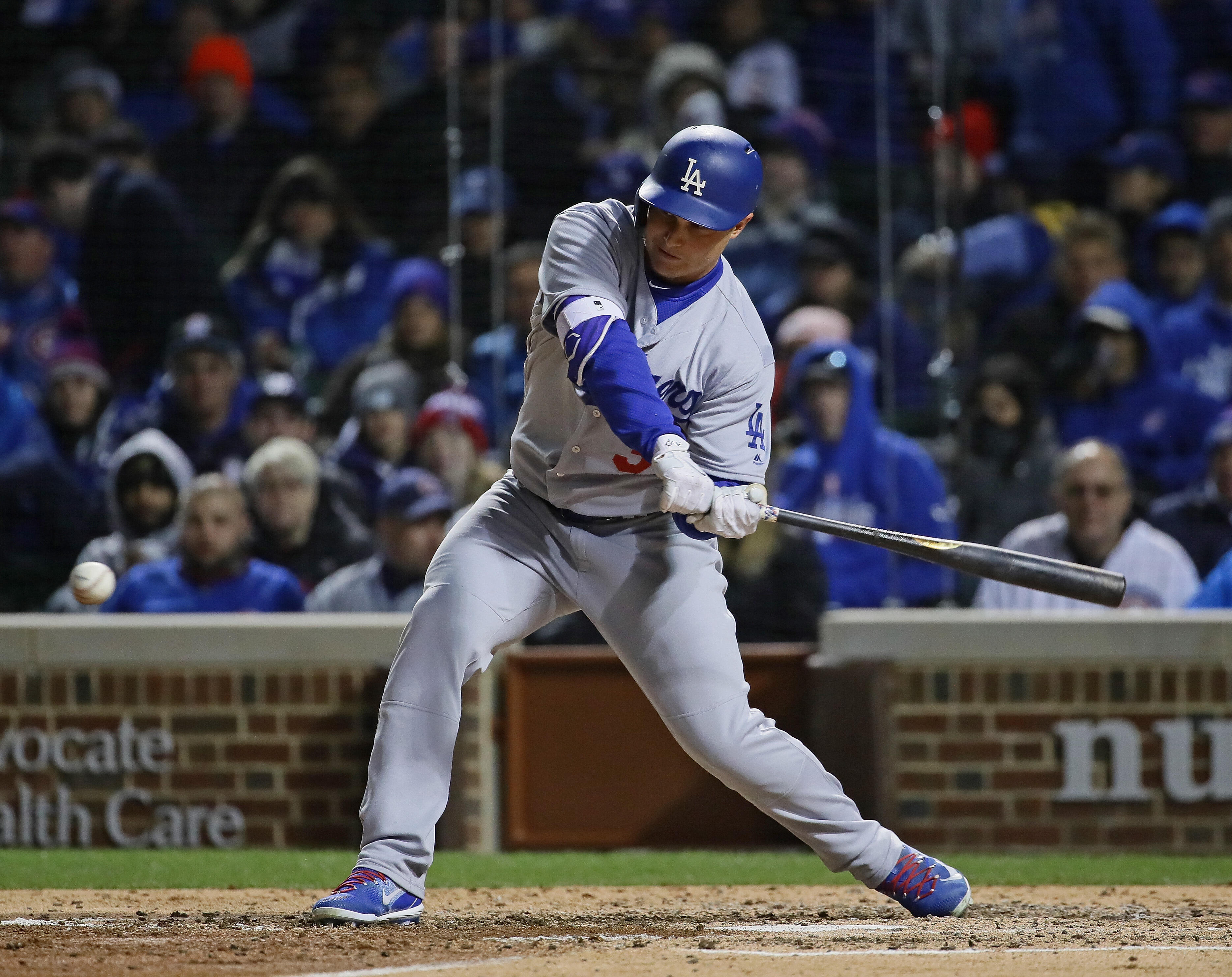 CHICAGO, IL - APRIL 12:  Joc Pederson #31 of the Los Angeles Dodgers bats against the Chicago Cubs at Wrigley Field on April 12, 2017 in Chicago, Illinois. The Dodgers defeated the Cubs 2-0. (Photo by Jonathan Daniel/Getty Images)