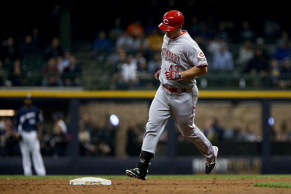 MILWAUKEE, WI - APRIL 24:  Scott Schebler #43 of the Cincinnati Reds rounds the bases after hitting a home run in the third inning against the Milwaukee Brewers at Miller Park on April 24, 2017 in Milwaukee, Wisconsin. (Photo by Dylan Buell/Getty Images)