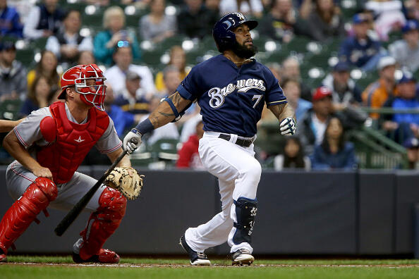 MILWAUKEE, WI - APRIL 24:  Eric Thames #7 of the Milwaukee Brewers hits a home run in the first inning against the Cincinnati Reds at Miller Park on April 24, 2017 in Milwaukee, Wisconsin. (Photo by Dylan Buell/Getty Images)