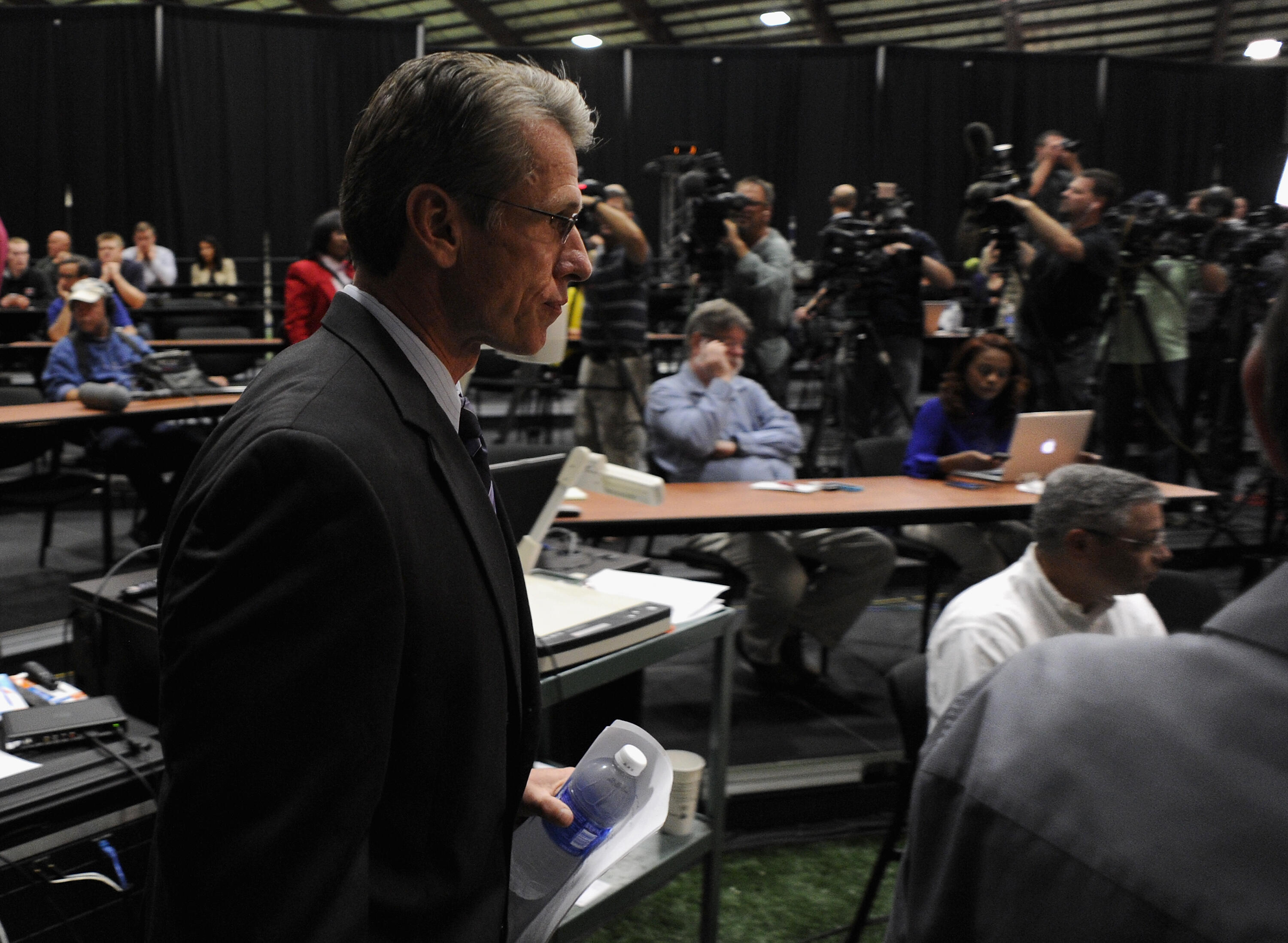EDEN PRAIRIE, MN - SEPTEMBER 17: General Manager Rick Spielman of the Minnesota Vikings arrives at a press conference on September 17, 2014 at Winter Park in Eden Prairie, Minnesota. The Vikings addressed their decision to put Adrian Peterson on the commi