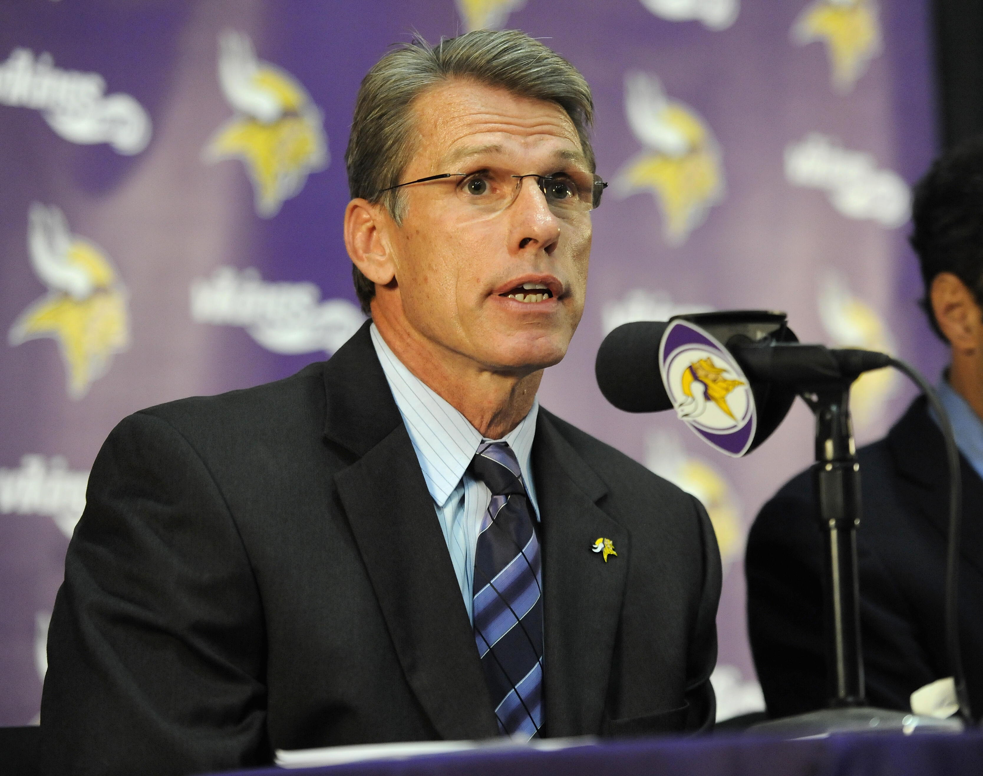 EDEN PRAIRIE, MN - SEPTEMBER 17: General Manager Rick Spielman of the Minnesota Vikings speaks to the media during a press conference on September 17, 2014 at Winter Park in Eden Prairie, Minnesota. The Vikings addressed their decision to put Adrian Peter