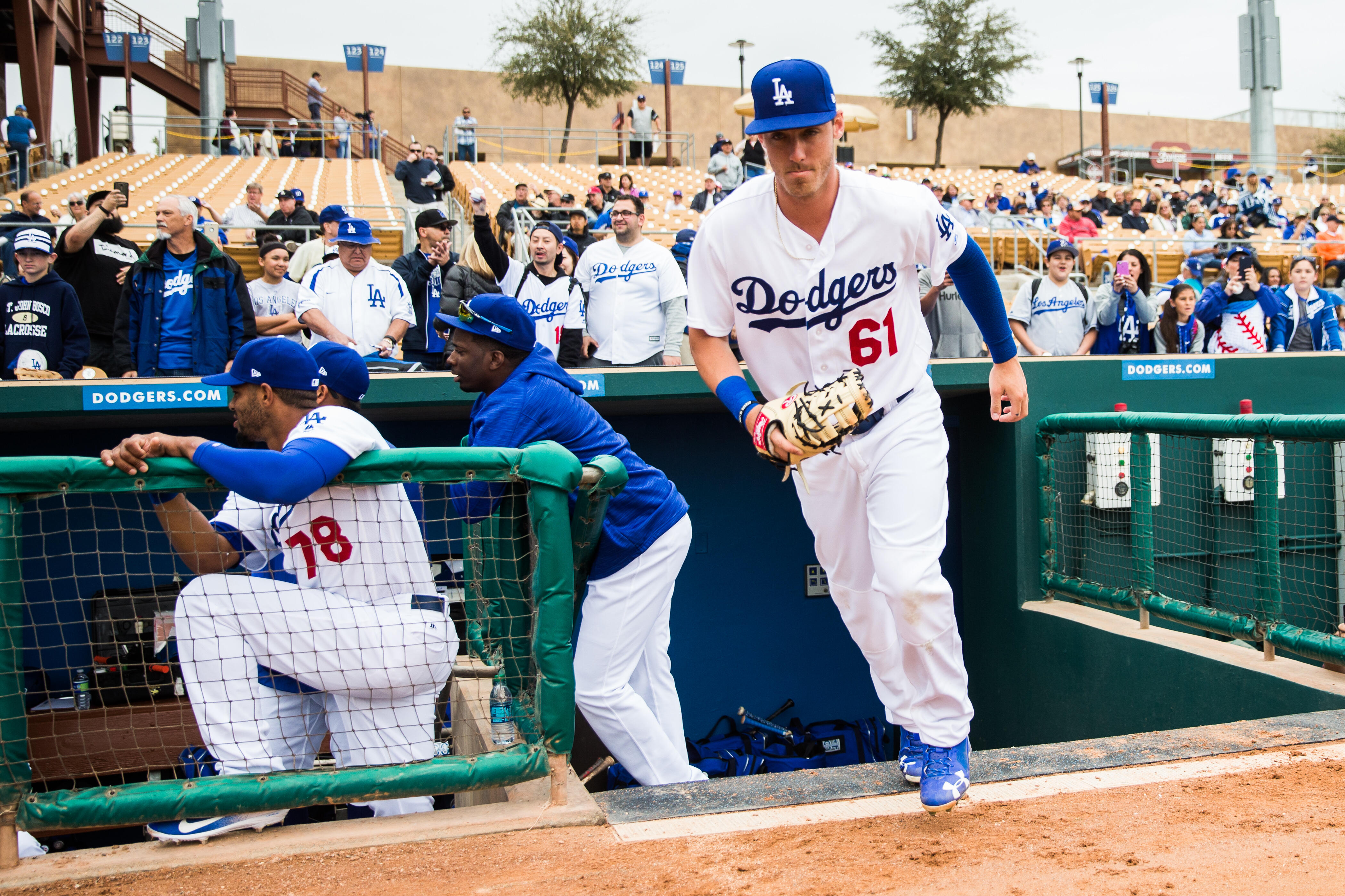 GLENDALE, AZ - FEBRUARY 27:  Cody Bellinger #61 of the Los Angeles Dodgers takes the field before a spring training game against the Colorado Rockies at Camelback Ranch on February 27, 2017 in Glendale, Arizona. (Photo by Rob Tringali/Getty Images)