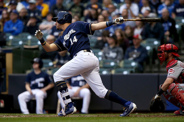 MILWAUKEE, WI - APRIL 25:  Hernan Perez #14 of the Milwaukee Brewers hits a triple in the second inning against the Cincinnati Reds at Miller Park on April 25, 2017 in Milwaukee, Wisconsin. (Photo by Dylan Buell/Getty Images)