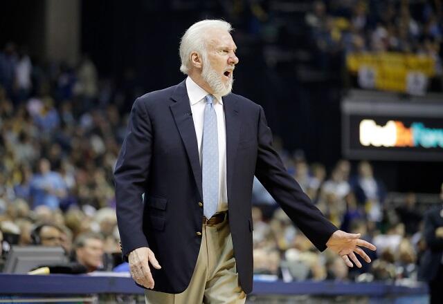 MEMPHIS, TN - APRIL 22:  Greg Popovich the head coach of the San Antonio Spurs gives instructions to his team against the Memphis Grizzlies in game four of the Western Conference Quarterfinals during the 2017 NBA Playoffs at FedExForum on April 22, 2017 i