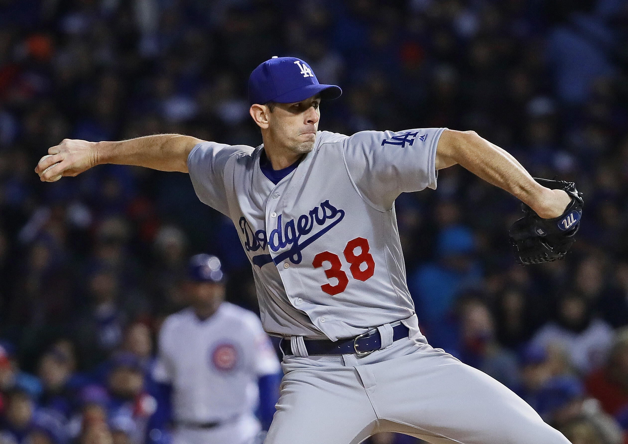 CHICAGO, IL - APRIL 12:  Starting pticher Brandon McCarthy #38 of the Los Angeles Dodgers delivers the ball against the Chicago Cubs at Wrigley Field on April 12, 2017 in Chicago, Illinois. The Dodgers defeated the Cubs 2-0.  (Photo by Jonathan Daniel/Get