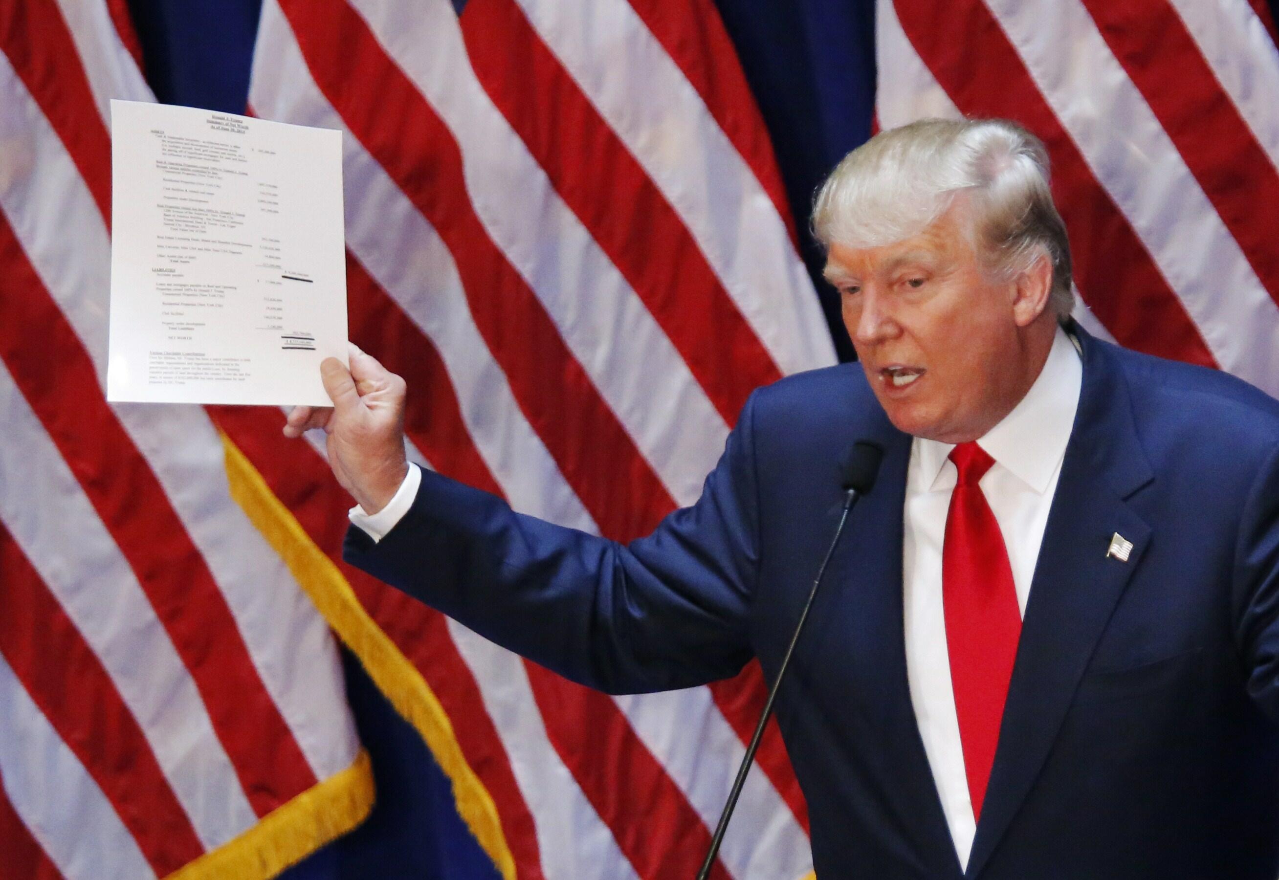 Real estate investor Donald Trump displays his financial statement during his announcement that he will run for the 2016 presidential election at the Trump Tower in New York  on June 16, 2015. Trump, one of America's most flamboyant and outspoken billiona