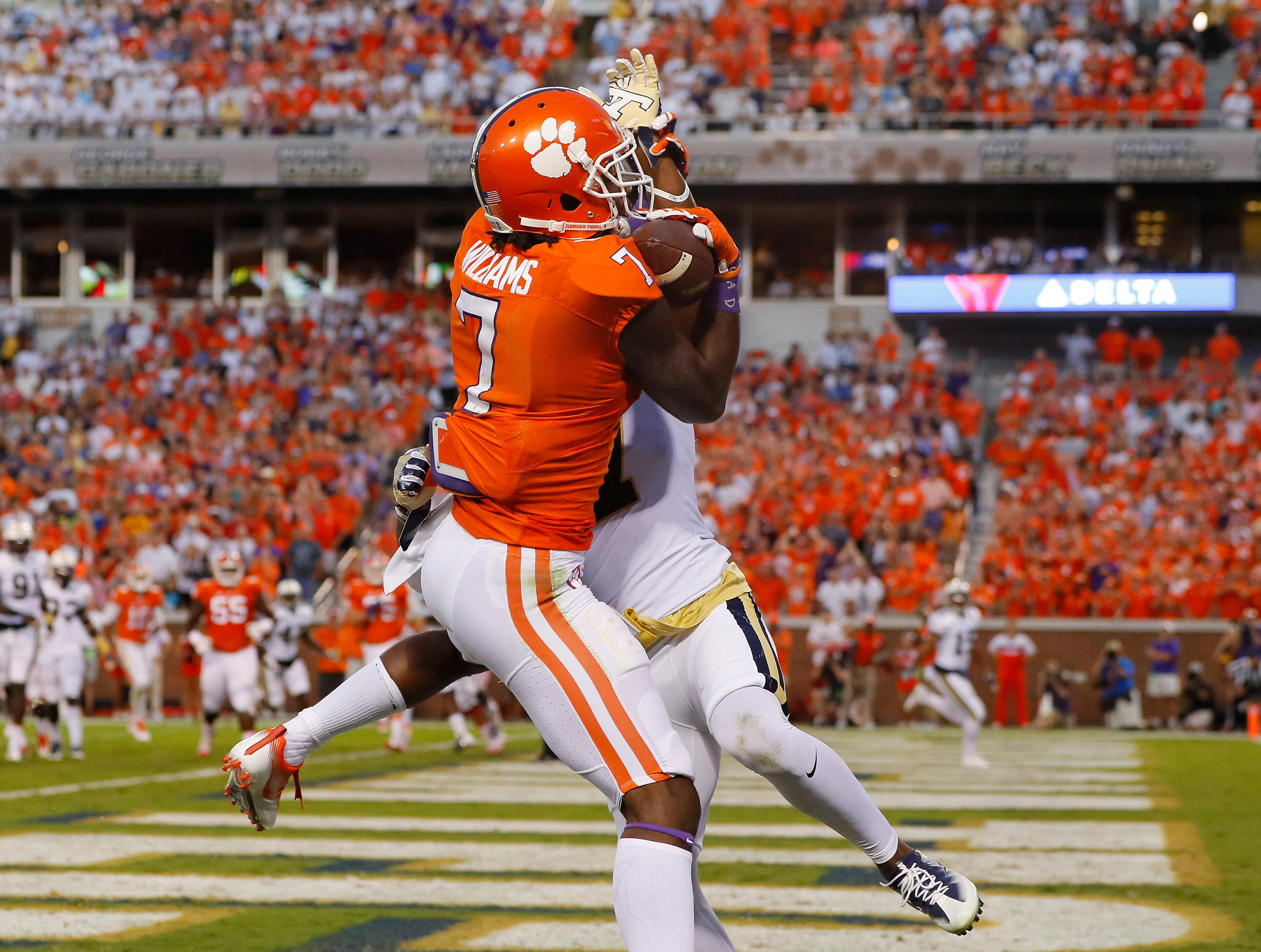 ATLANTA, GA - SEPTEMBER 22:  Mike Williams #7 of the Clemson Tigers pulls in this touchdown reception against Lance Austin #17 of the Georgia Tech Yellow Jackets at Bobby Dodd Stadium on September 22, 2016 in Atlanta, Georgia.  (Photo by Kevin C. Cox/Gett