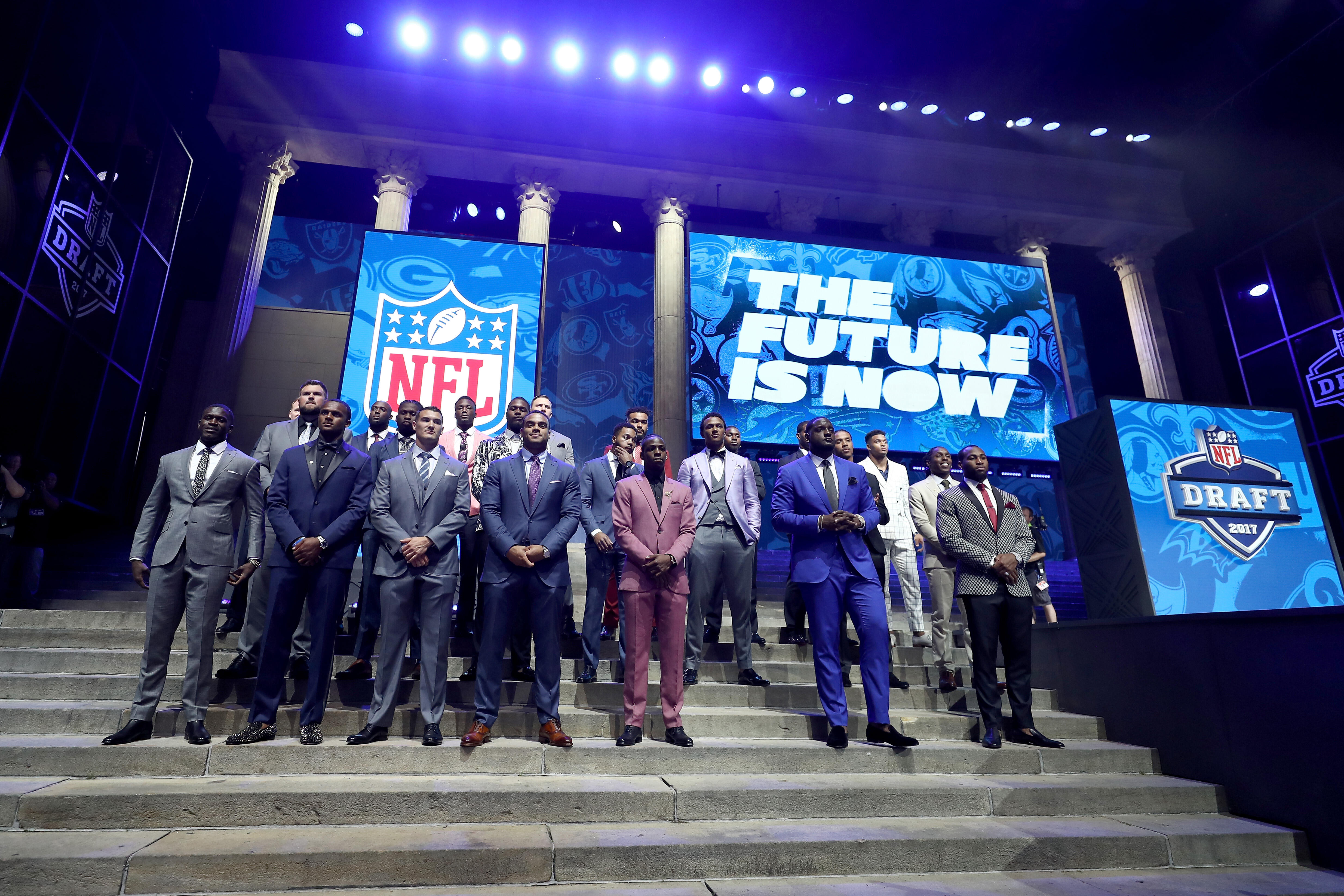 PHILADELPHIA, PA - APRIL 27:  The Top Draft prospects pose on stage prior to the first round of the 2017 NFL Draft at the Philadelphia Museum of Art on April 27, 2017 in Philadelphia, Pennsylvania.  (Photo by Elsa/Getty Images)