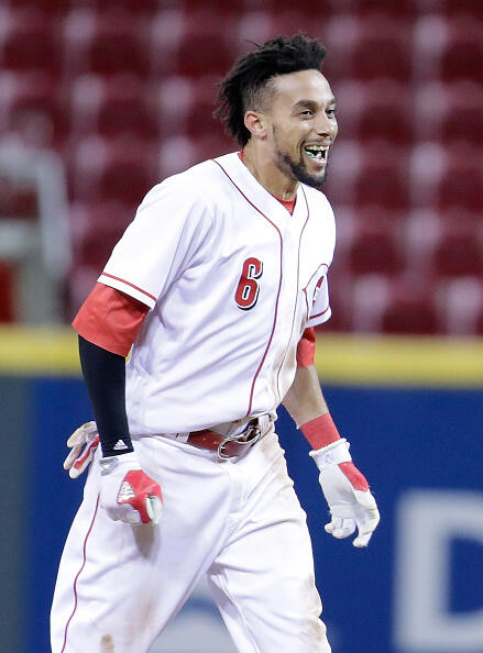 CINCINNATI, OH - MAY 01:  Billy Hamilton #6 of the Cincinnati Reds celebrates after hitting a game winning double the 10th inning against the Pittsburgh Pirates at Great American Ball Park on May 1, 2017 in Cincinnati, Ohio.  (Photo by Andy Lyons/Getty Images)