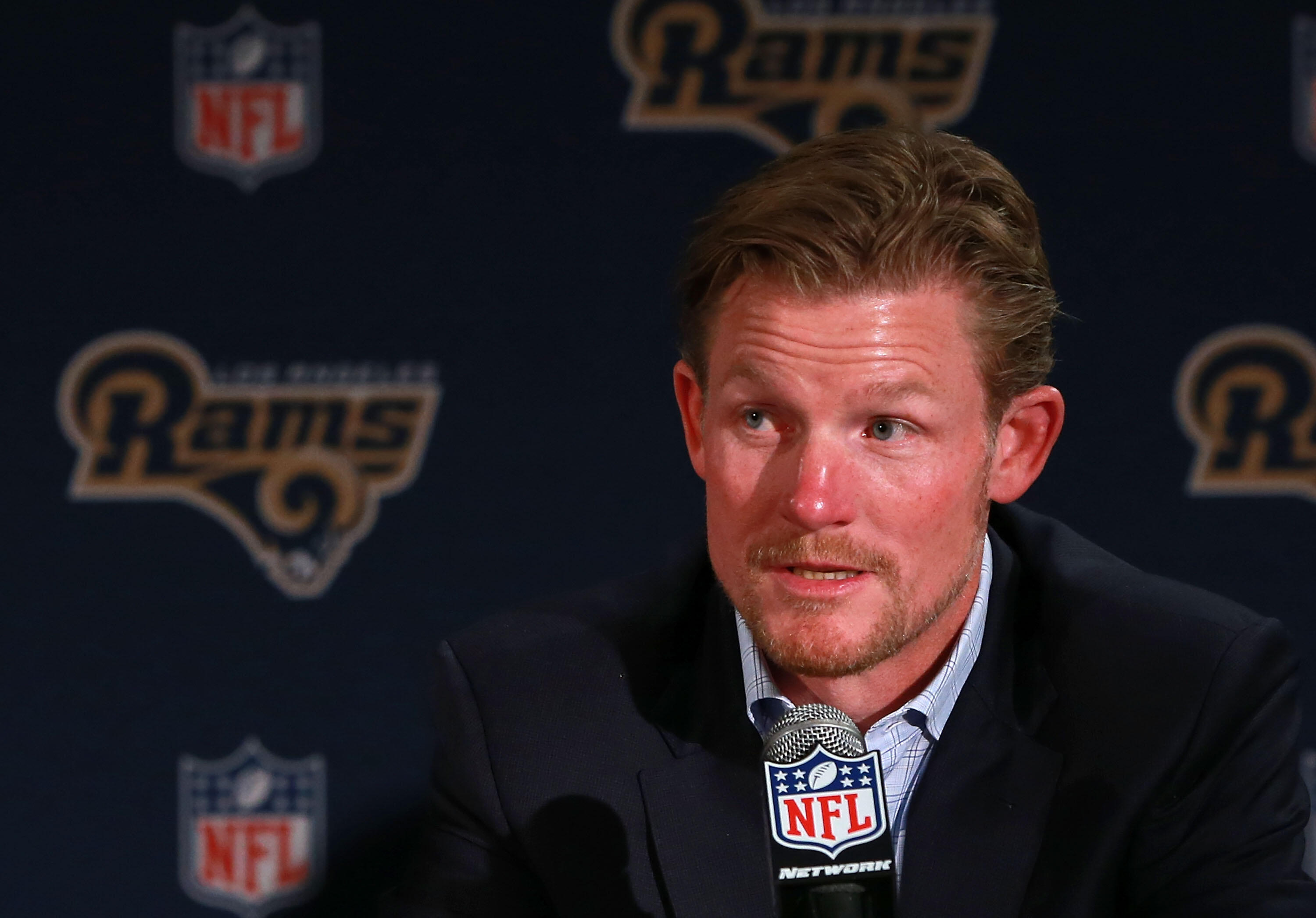 LOS ANGELES, CA - APRIL 29:  General Manager Les Snead of the Los Angeles Rams speaks onstage during the press conference to introduce Jared Goff, the Los Angeles Rams' first pick and first overall pick of the 2016 NFL Draft, on April 29, 2016 in Los Ange