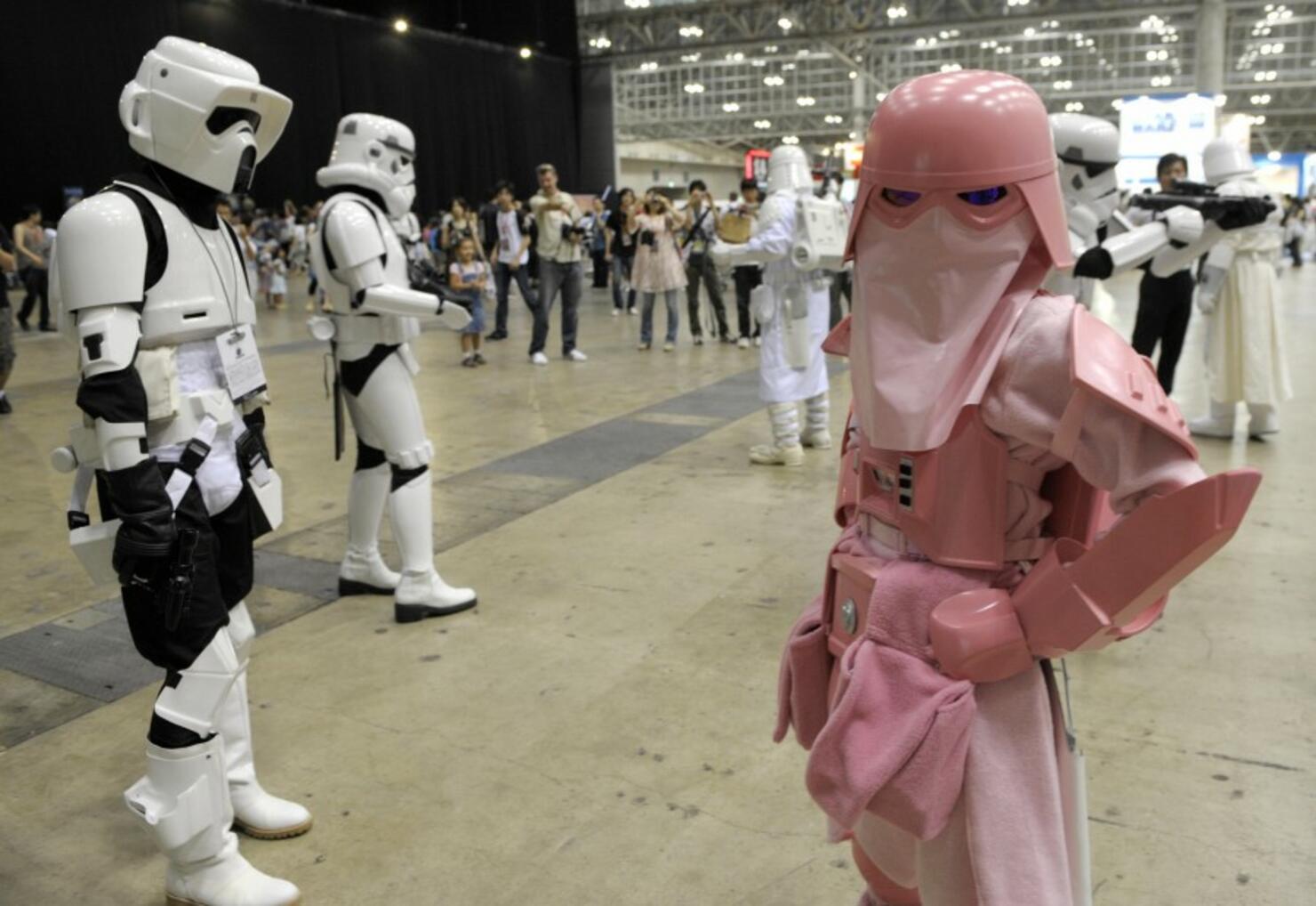 Dressed as stormtroopers from the Star W