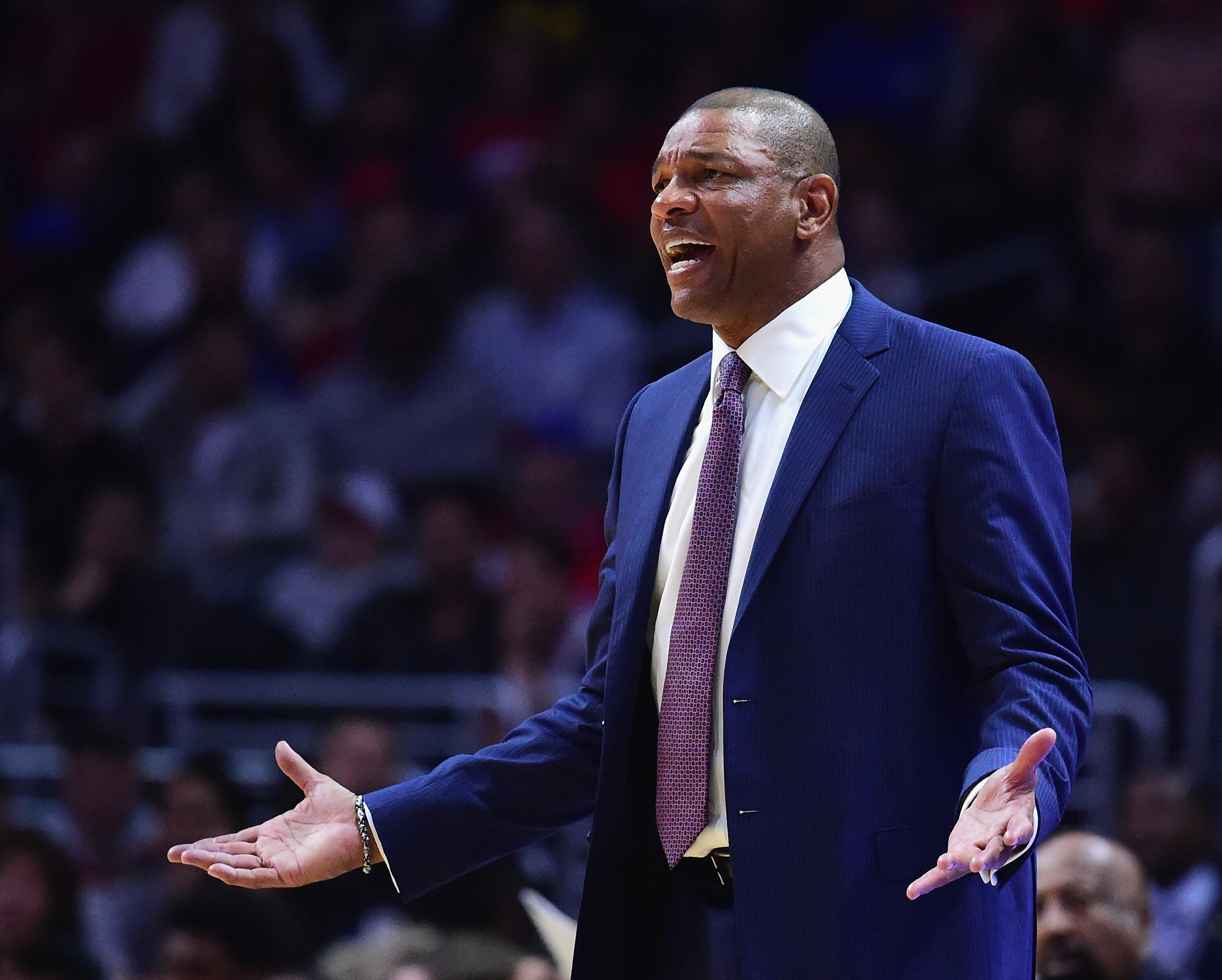 LOS ANGELES, CA - MARCH 29:  Doc Rivers of the LA Clippers reacts to a call during a 133-124 Clipper win over the Washington Wizards at Staples Center on March 29, 2017 in Los Angeles, California.  NOTE TO USER: User expressly acknowledges and agrees that